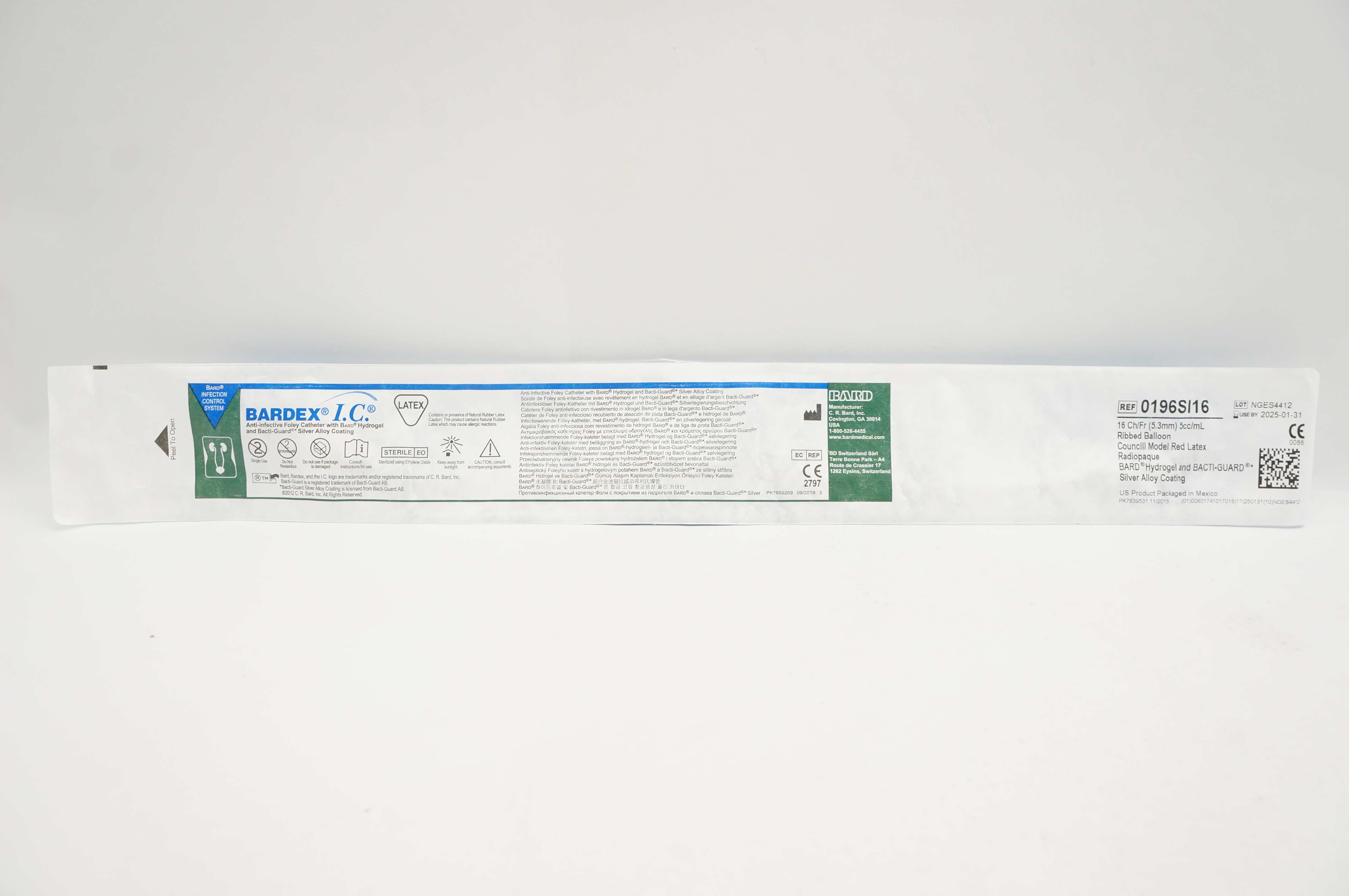 Bard 0196SI16 Bardex I.C. Anti-Infective Foley Cath. 16 Ch/Fr x 5cc/mL Balloon