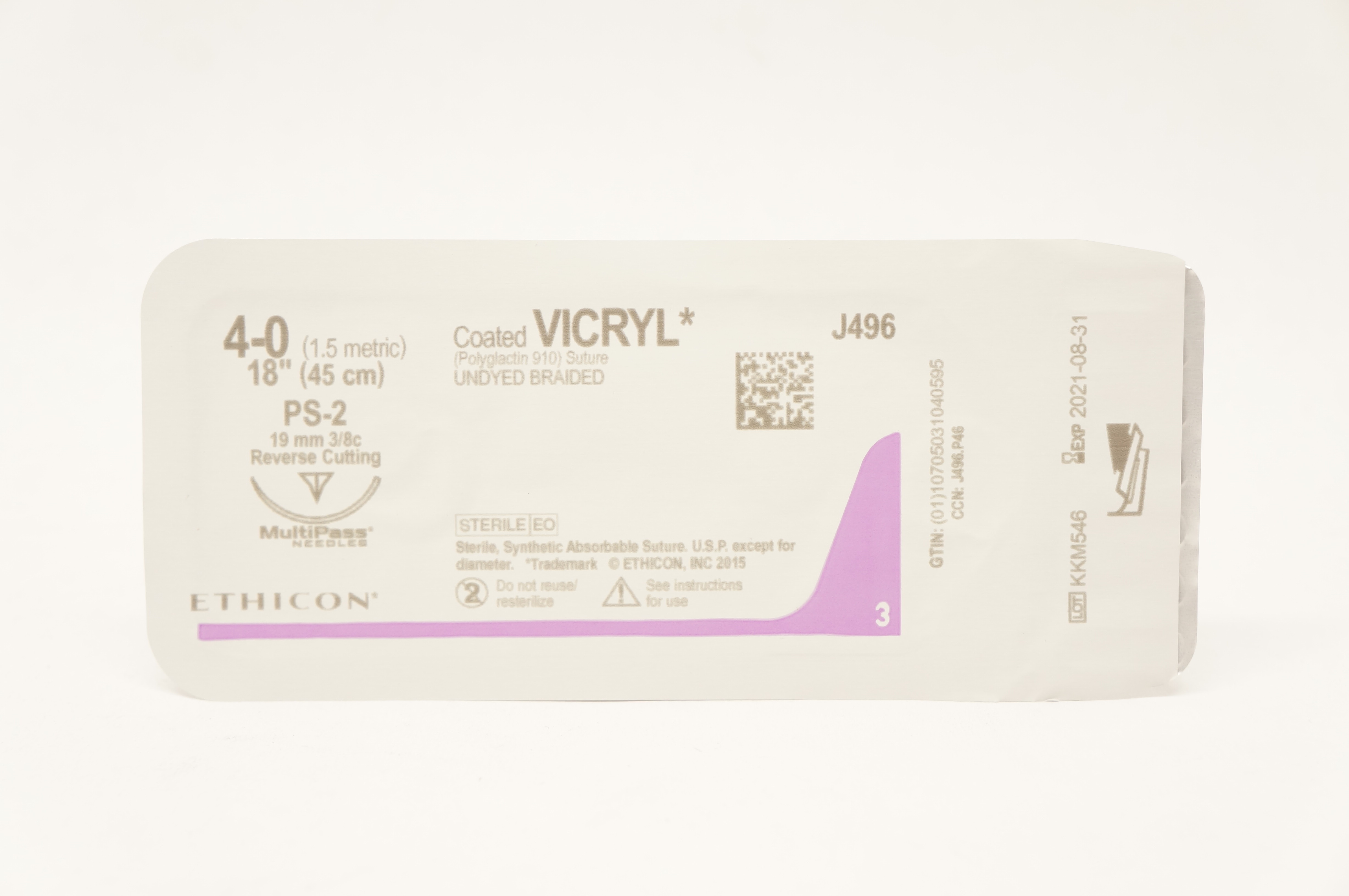 Ethicon J496 4-0 Coated VICRYL PS-2 19mm 3/8c Reverse Cutting, 18inch (x)