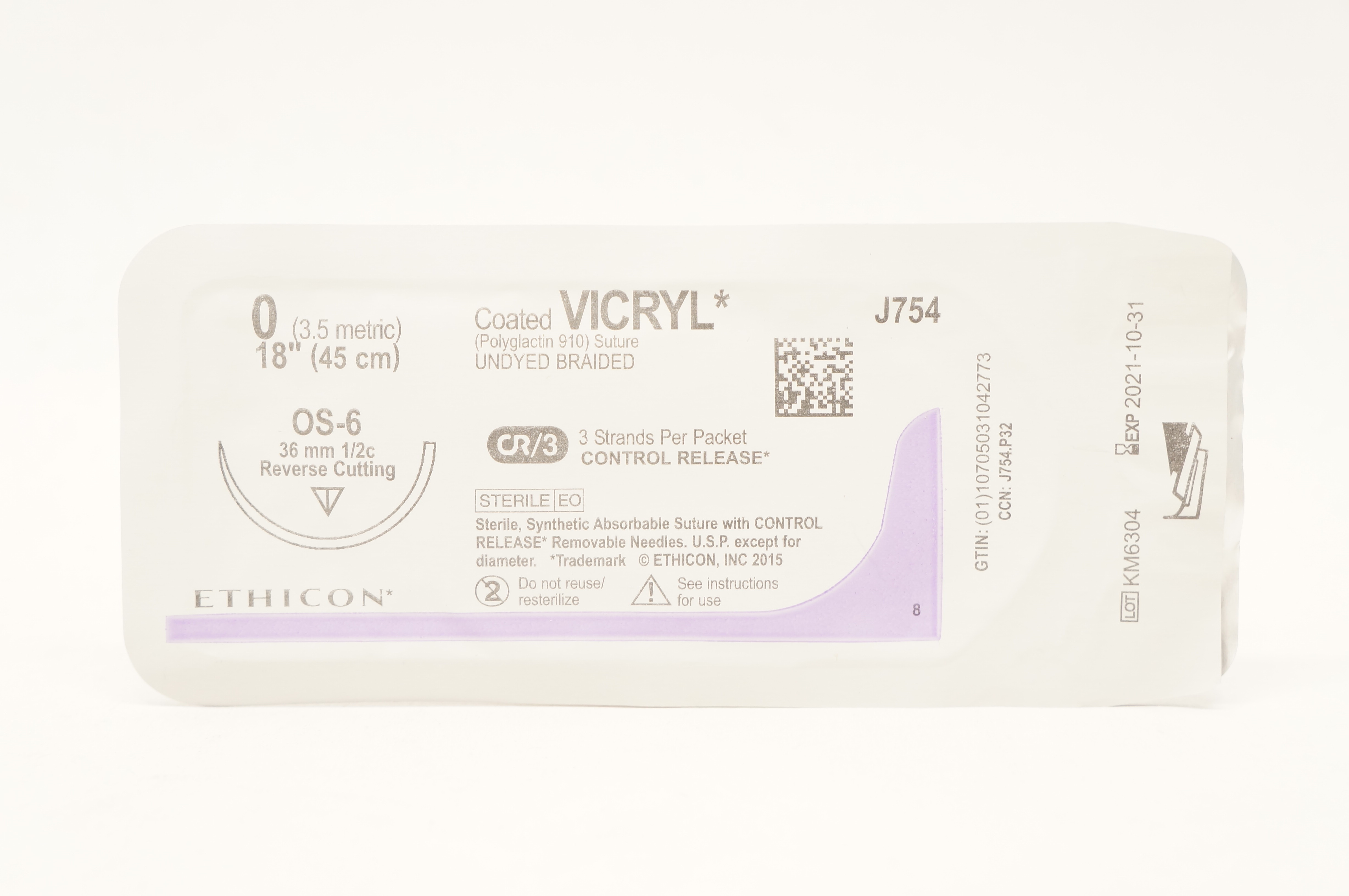 Ethicon J754 0 Coated VICRYL Stre, OS-6 36mm 1/2c Reverse Cutting, 18inch (x)