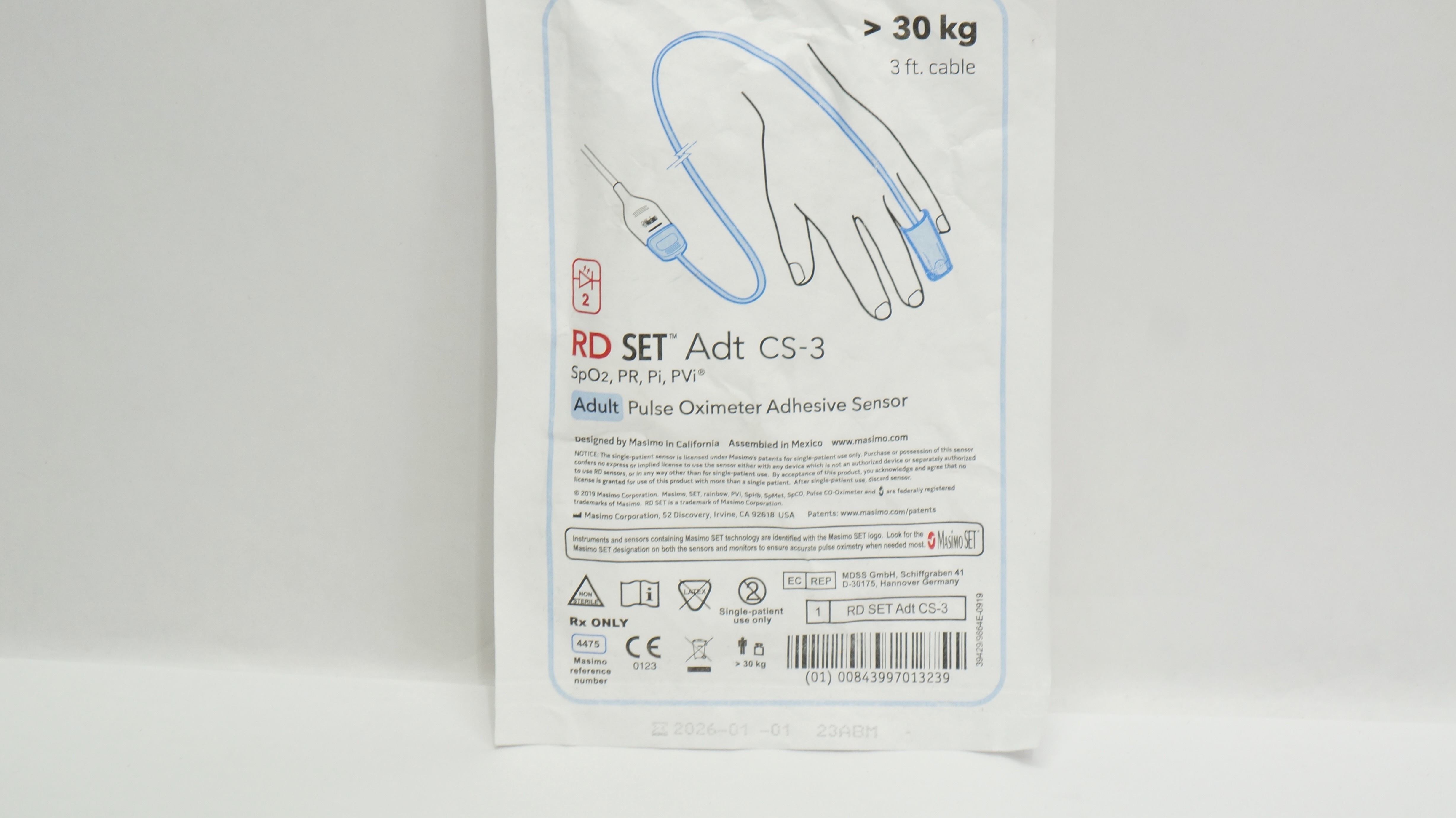 Masimo 4475 RD Set Adt CS-3 Adult Pulse Oximeter Adhesive Sensor >30 kg