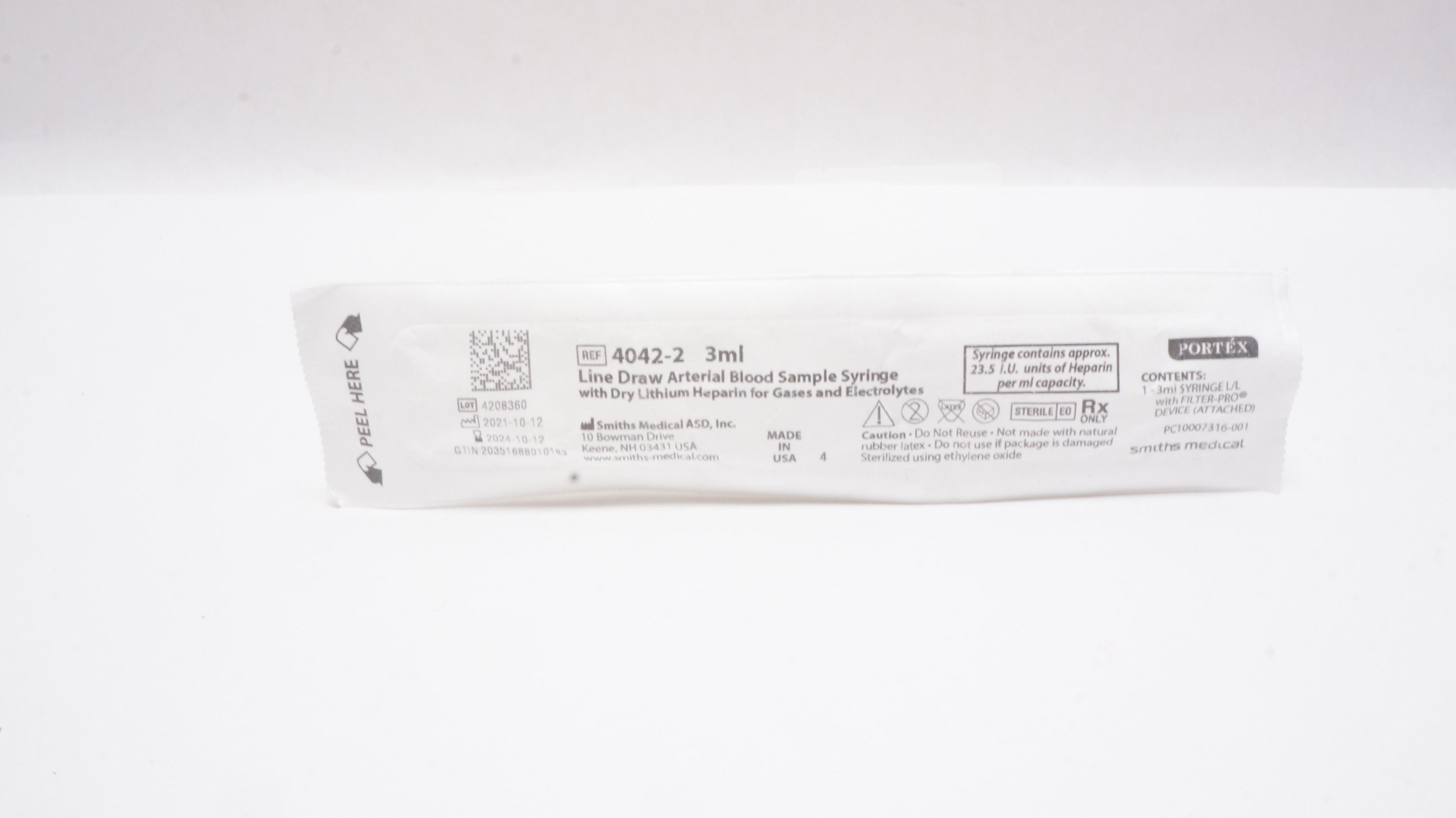 Smiths Medical 4042-2 Portex Line Draw Arterial Blood Sample Syringe, 3ml