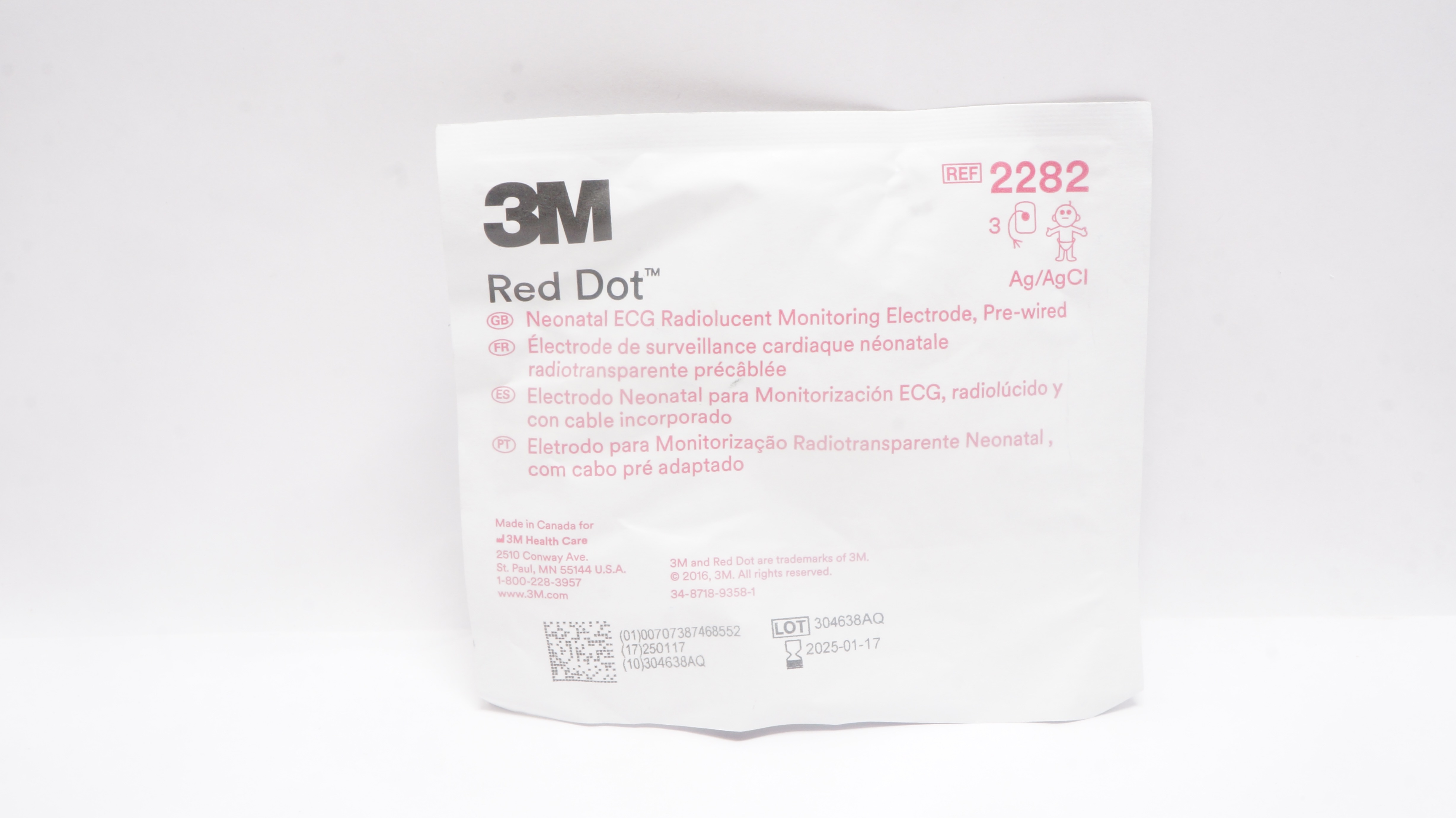 3M 2282 Red Dot Neonatal ECG Radiolucent Monitoring Electrode - Pack of 3