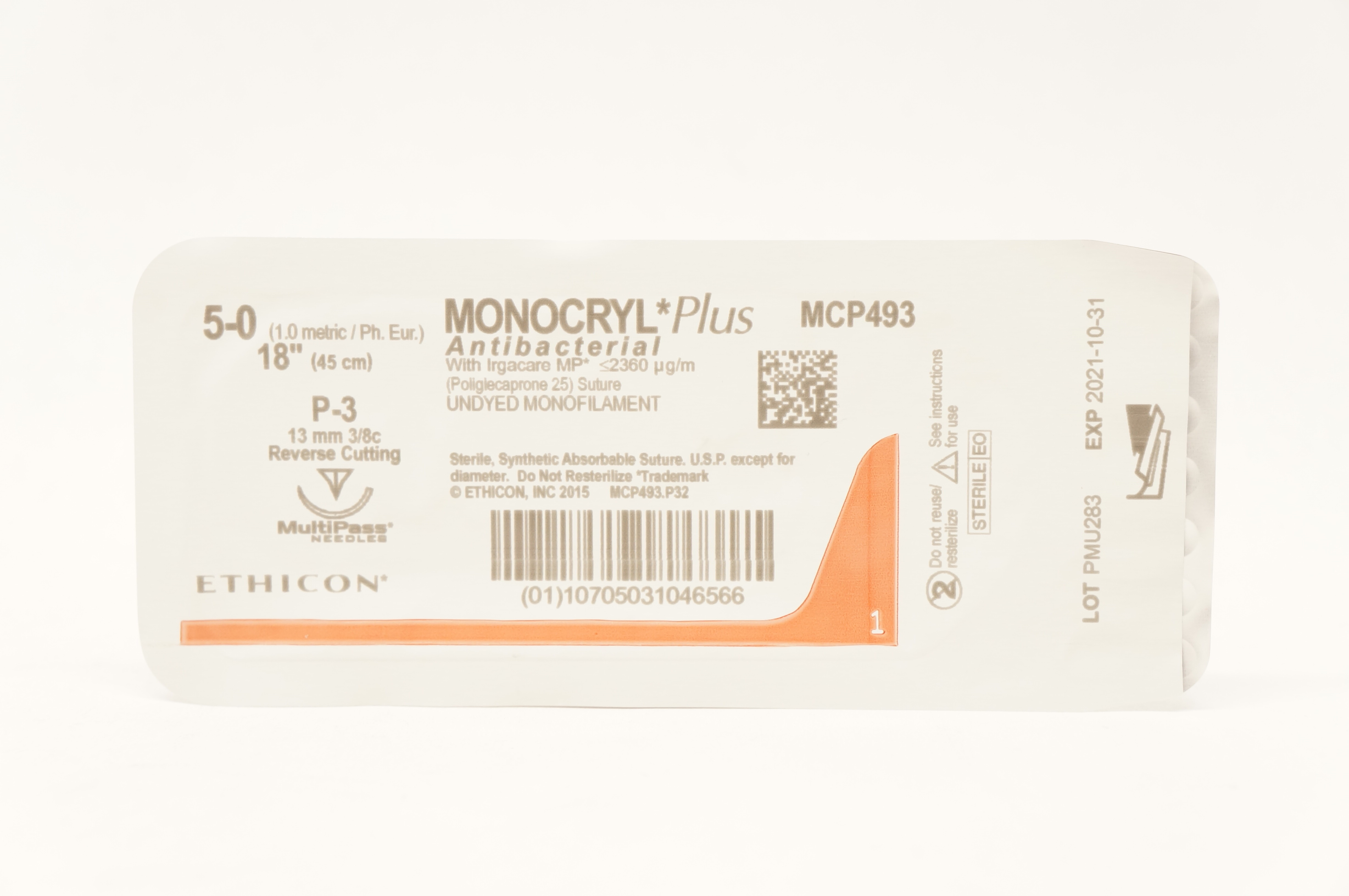 Ethicon MCP493 5-0 MONOCRYL Plus P-3 13mm 3/8c Reverse Cutting, 18inch (x)