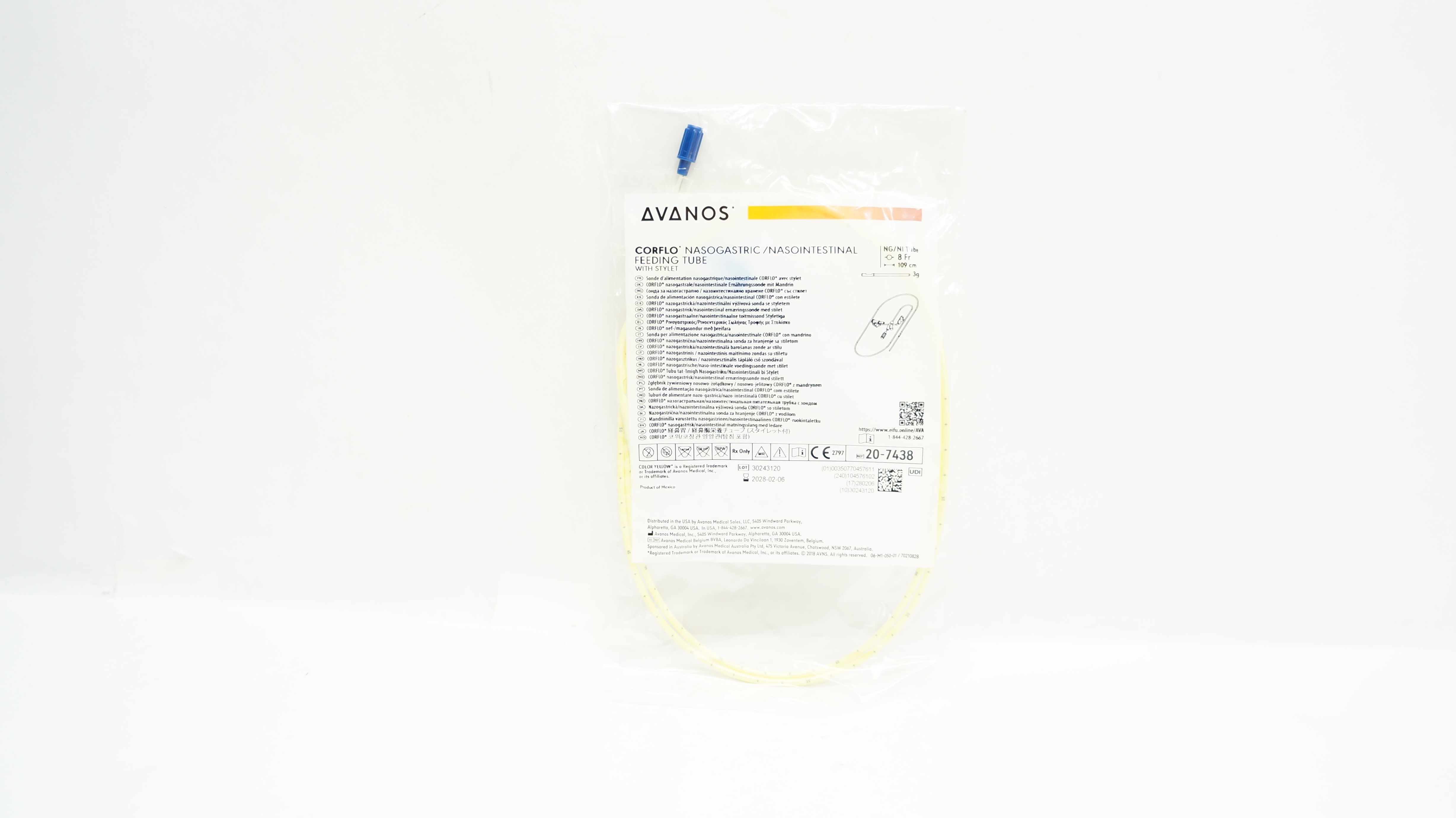 Avanos 20-7438 CORFLO Nasogastric/Nasointestinal Feeding Tube 8Fr x 109cm