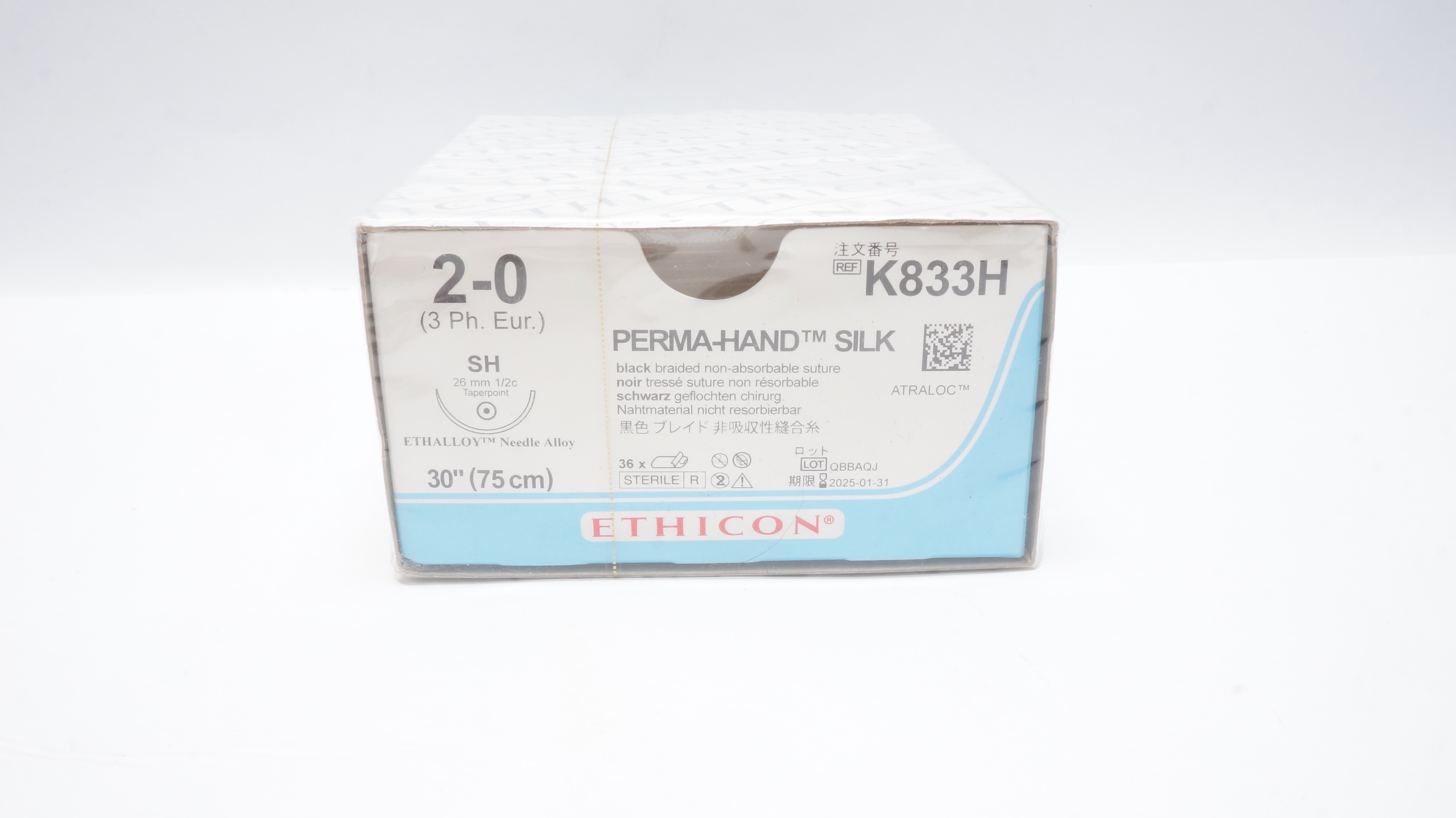 Ethicon K833H 2-0 PERMA-HAND Stre SH 26mm 1/2c Taperpoint 30inch (x) - Box of 36