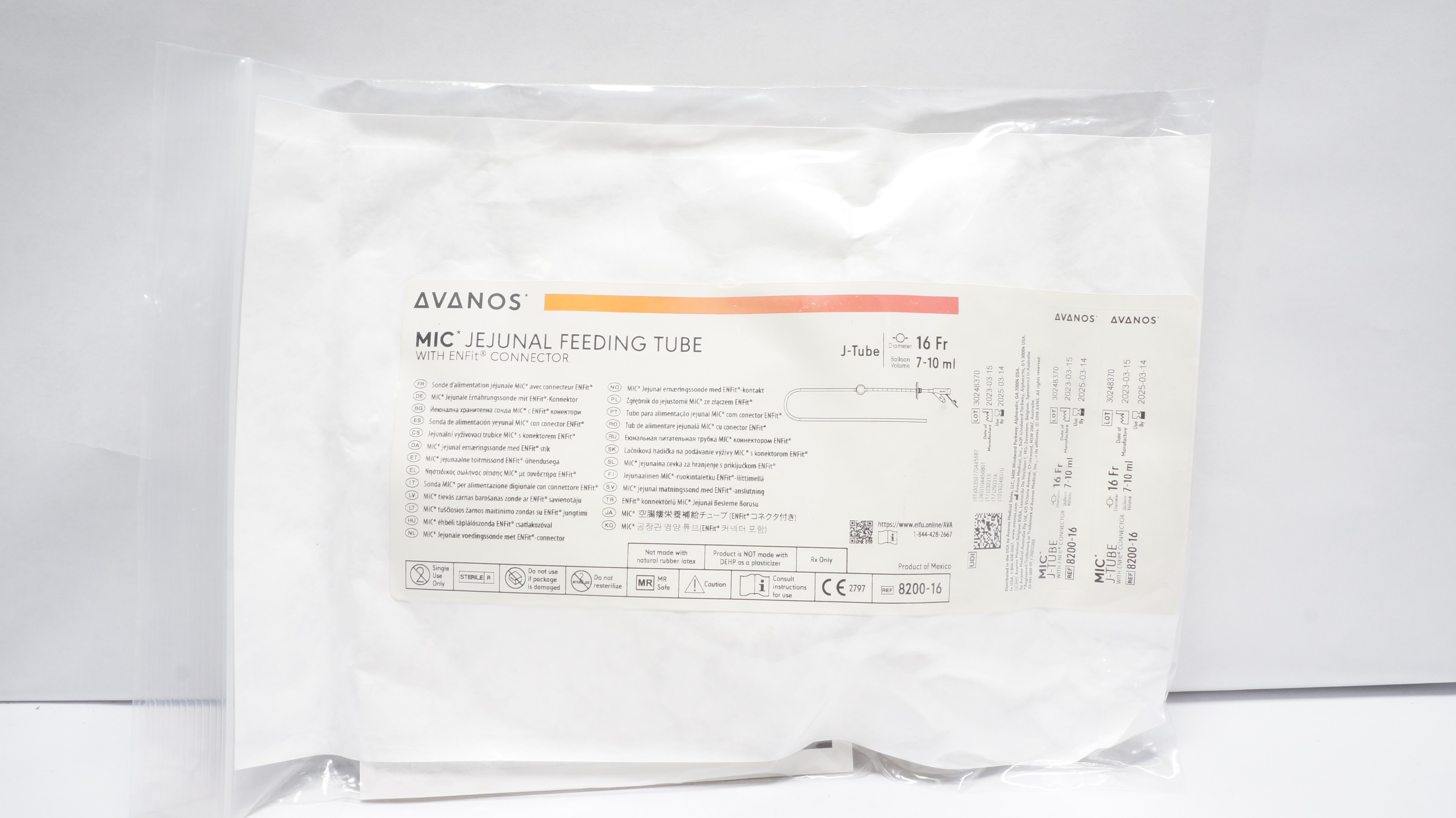Avanos 8200-16 MIC Jejunal Feeding Tube W/ENFit Connector 16Fr (x)