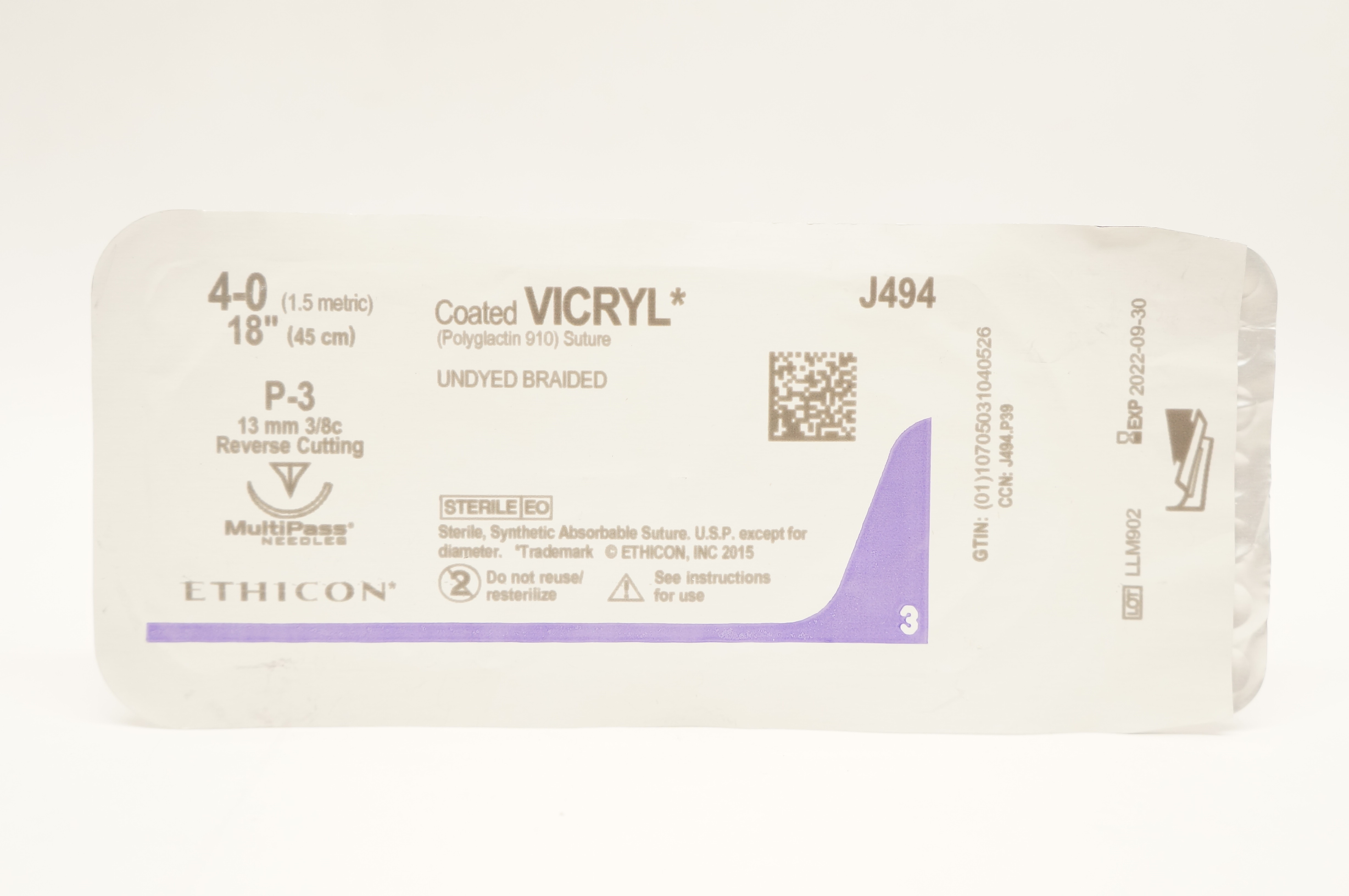 Ethicon J494 4-0 Coated VICRYL Stre P-3 13mm 3/8c Reverse Cutting, 18inch