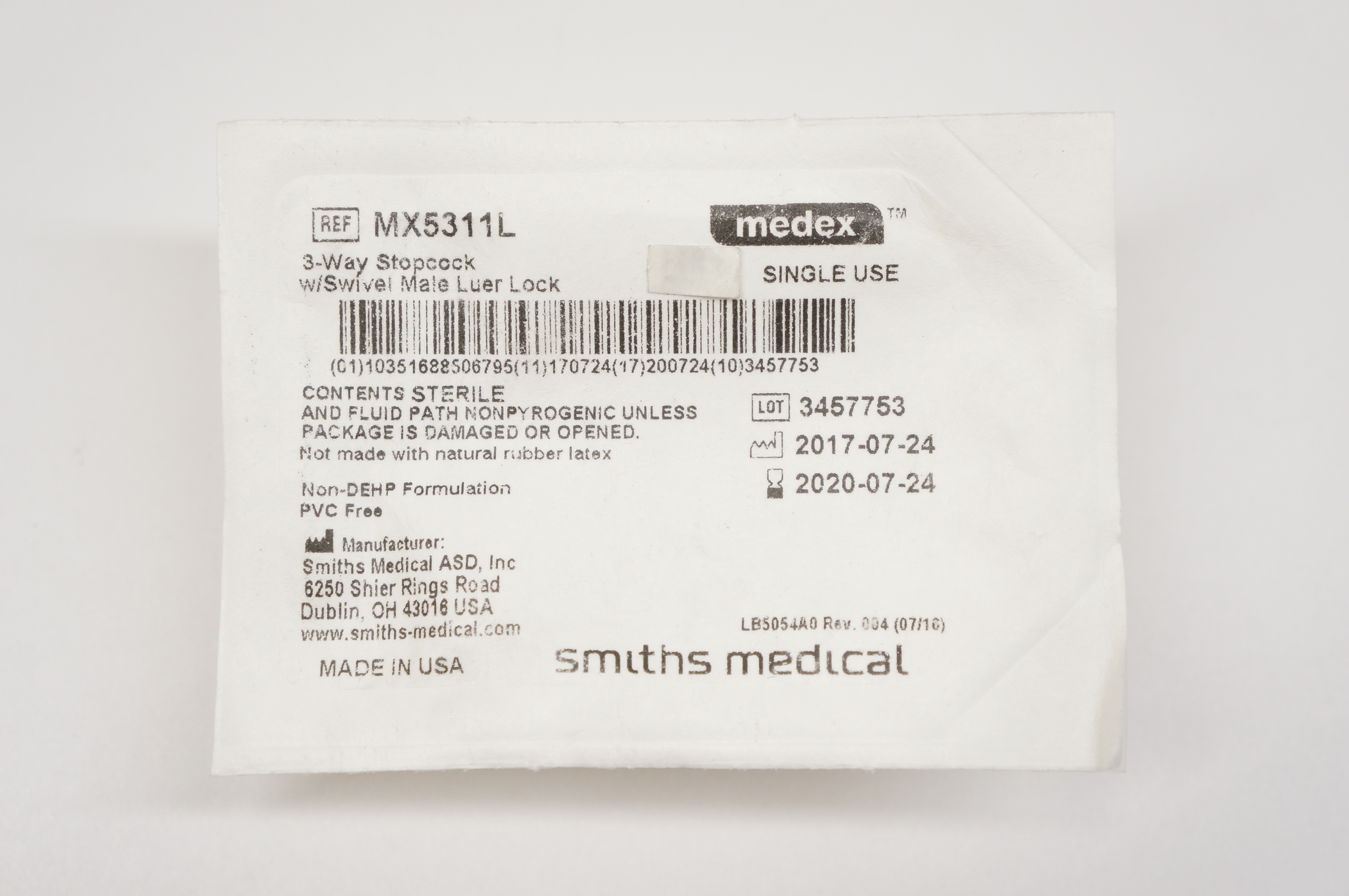 Smiths Medical MX5311L Medex 3-Way Stopcock w/Swivel Male Luer Lock (x)