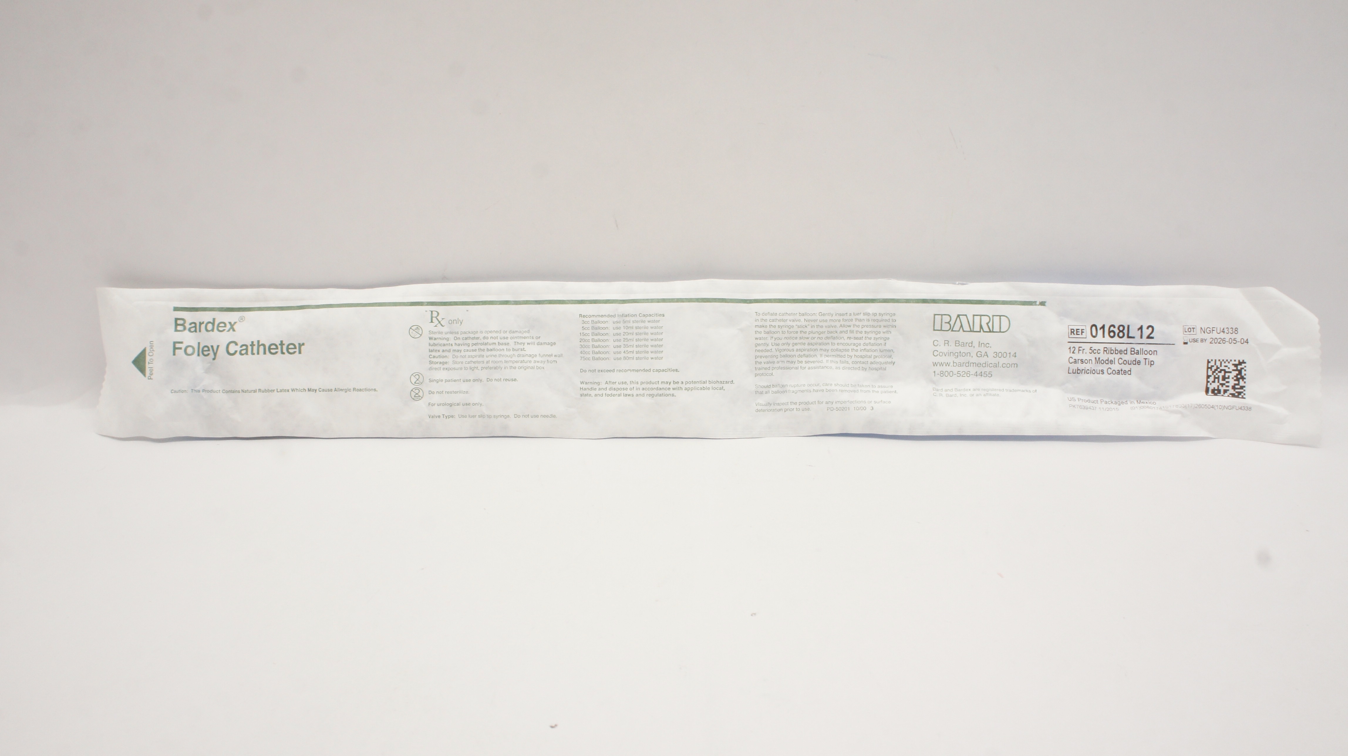 Bard 0168L12 Bardex Foley Cath. 12 Fr. 5cc Ribbed Balloon Carson Model Coude Tip