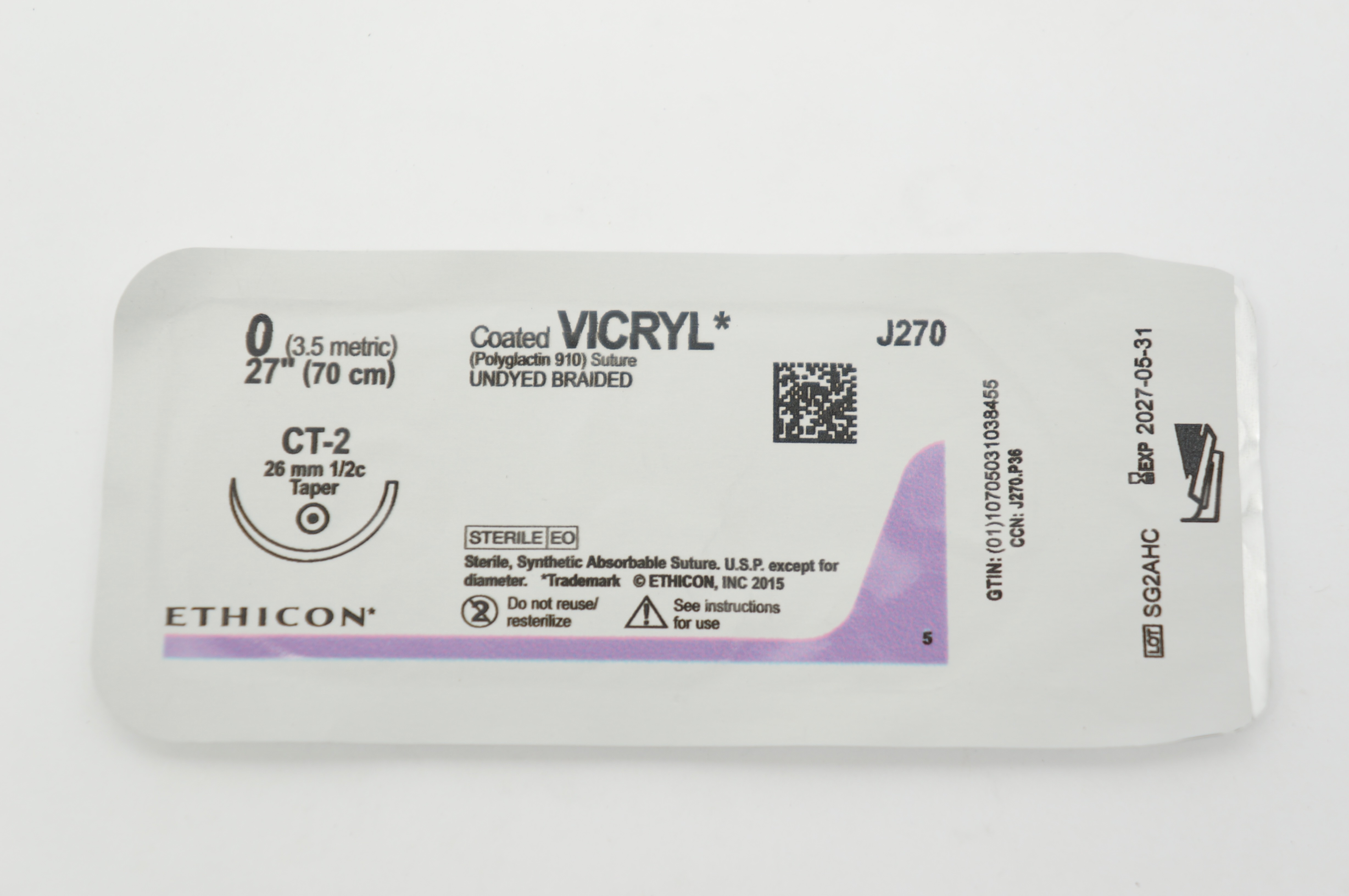 Vic Ryp Ethicon J270 0 Coated VICRYL, CT-2, 26mm 1/2c Taper, 27inch