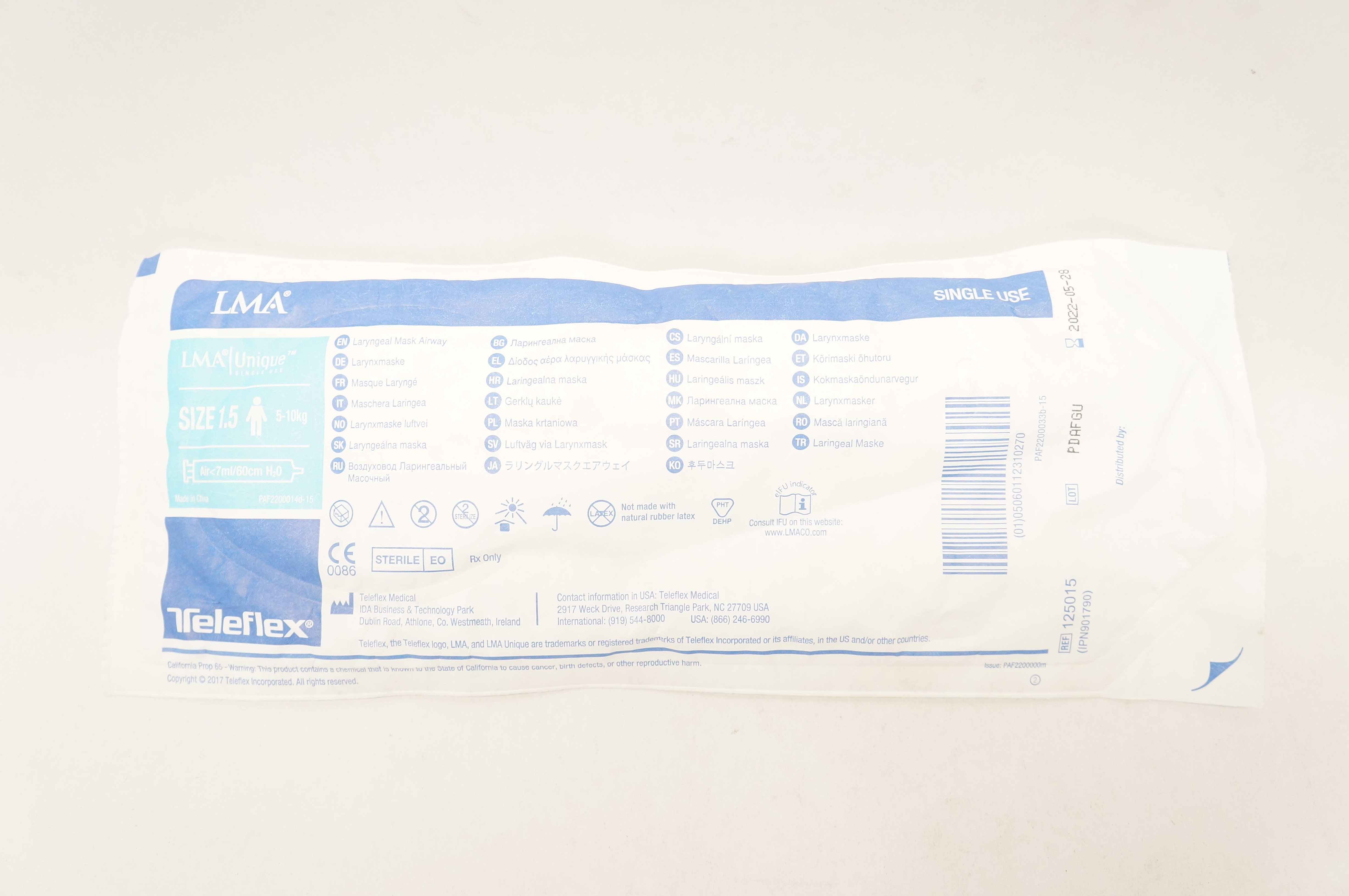 Teleflex 125015 LMA Unique Laryngeal Mask Airway Size1.5 5-10kg <7ml/60cm H2O(x)