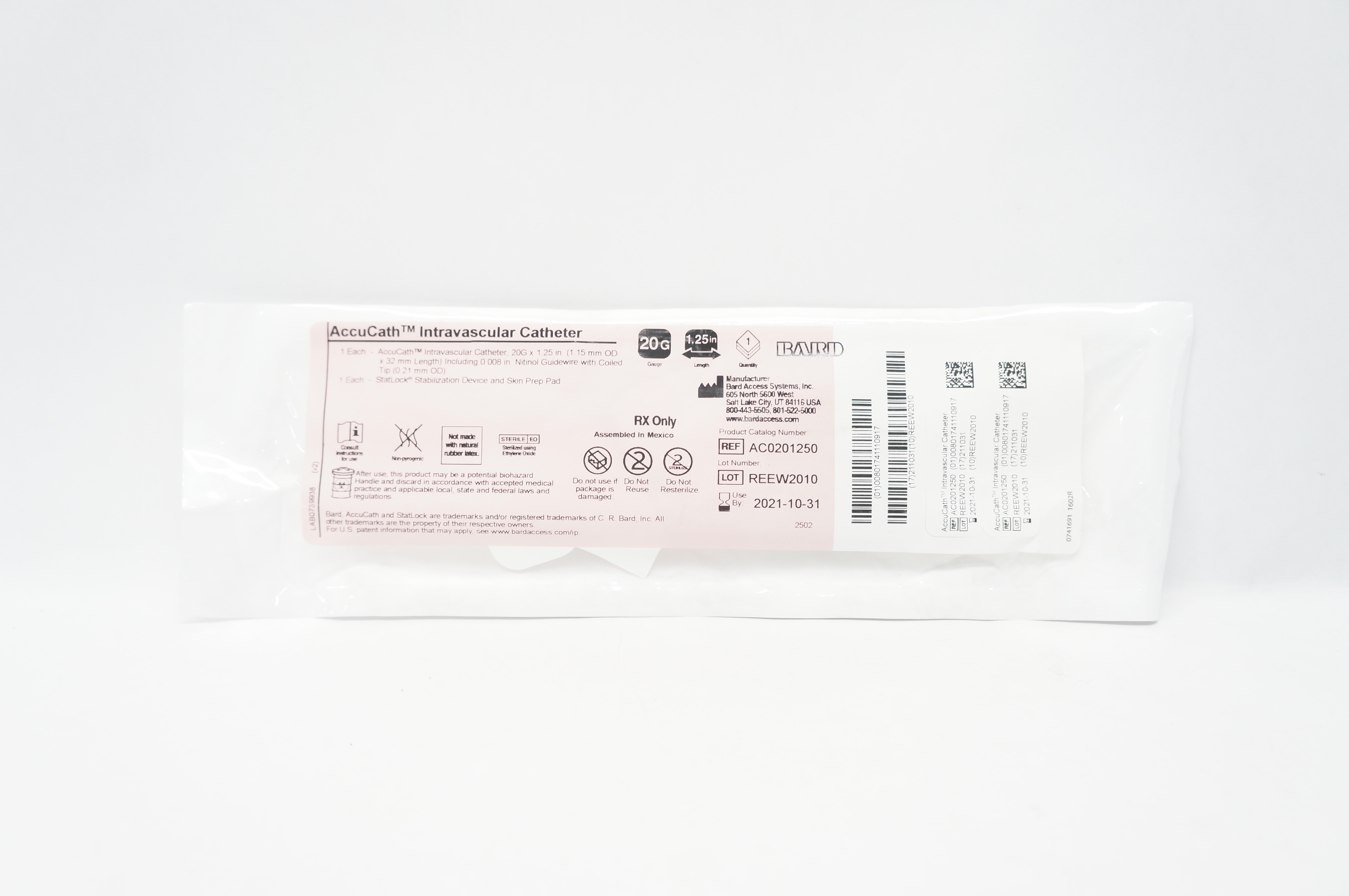 Bard AC0201250 AccuCath Intravascular Cath. 20G x 1.25 inch (x)