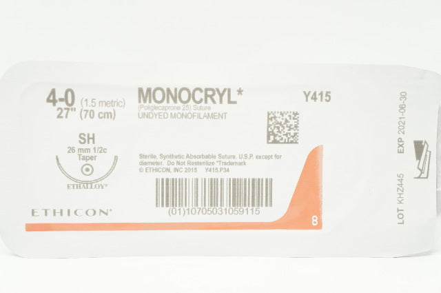 Ethicon Y415 4-0 MONOCRYL, SH, 26mm 1/2c Taper, 27inch (x)
