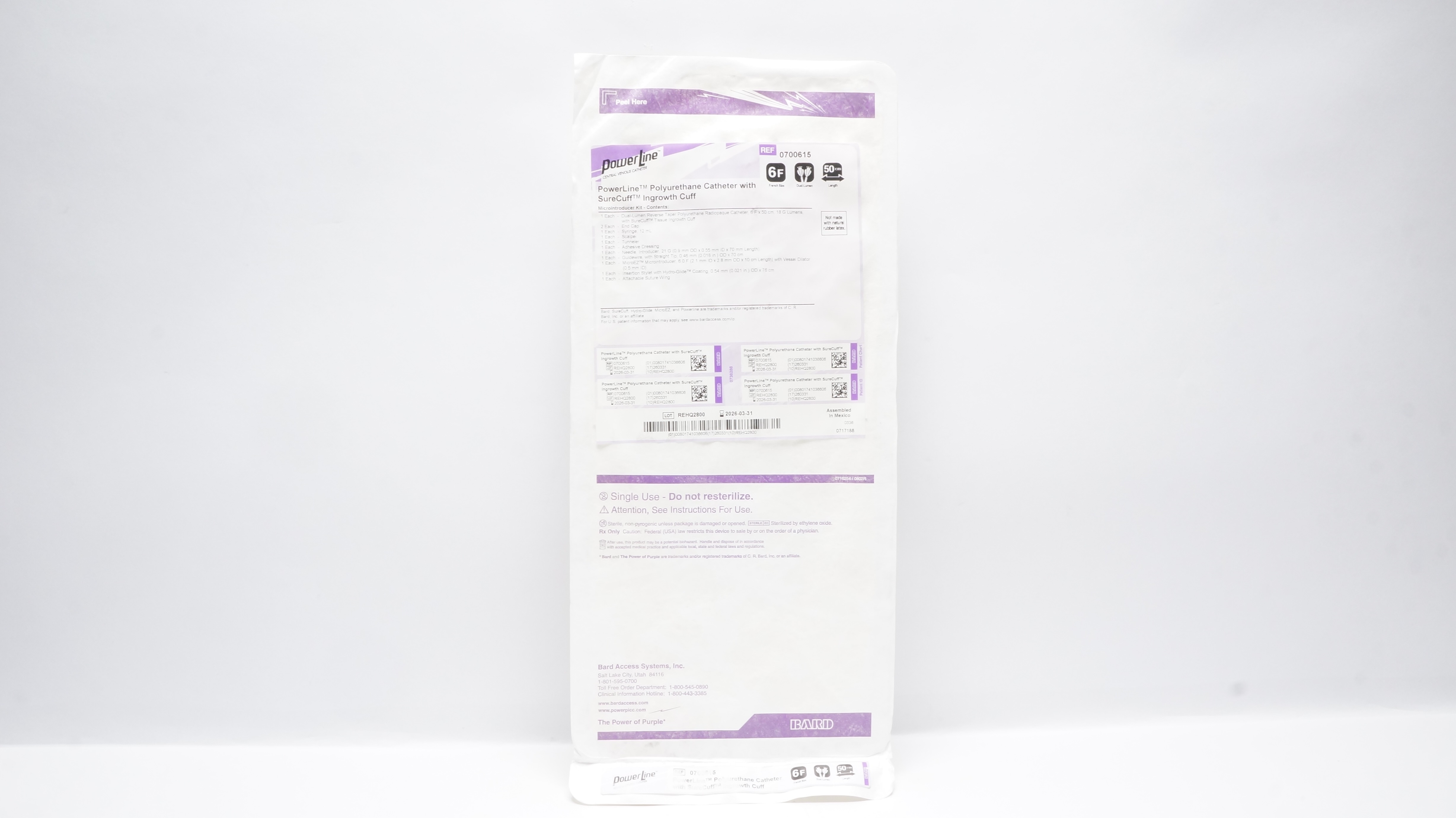 Bard 0700615 PowerLine Polyurethane Cath. w/SureCuff Ingrowth Cuff 6F x 50cm
