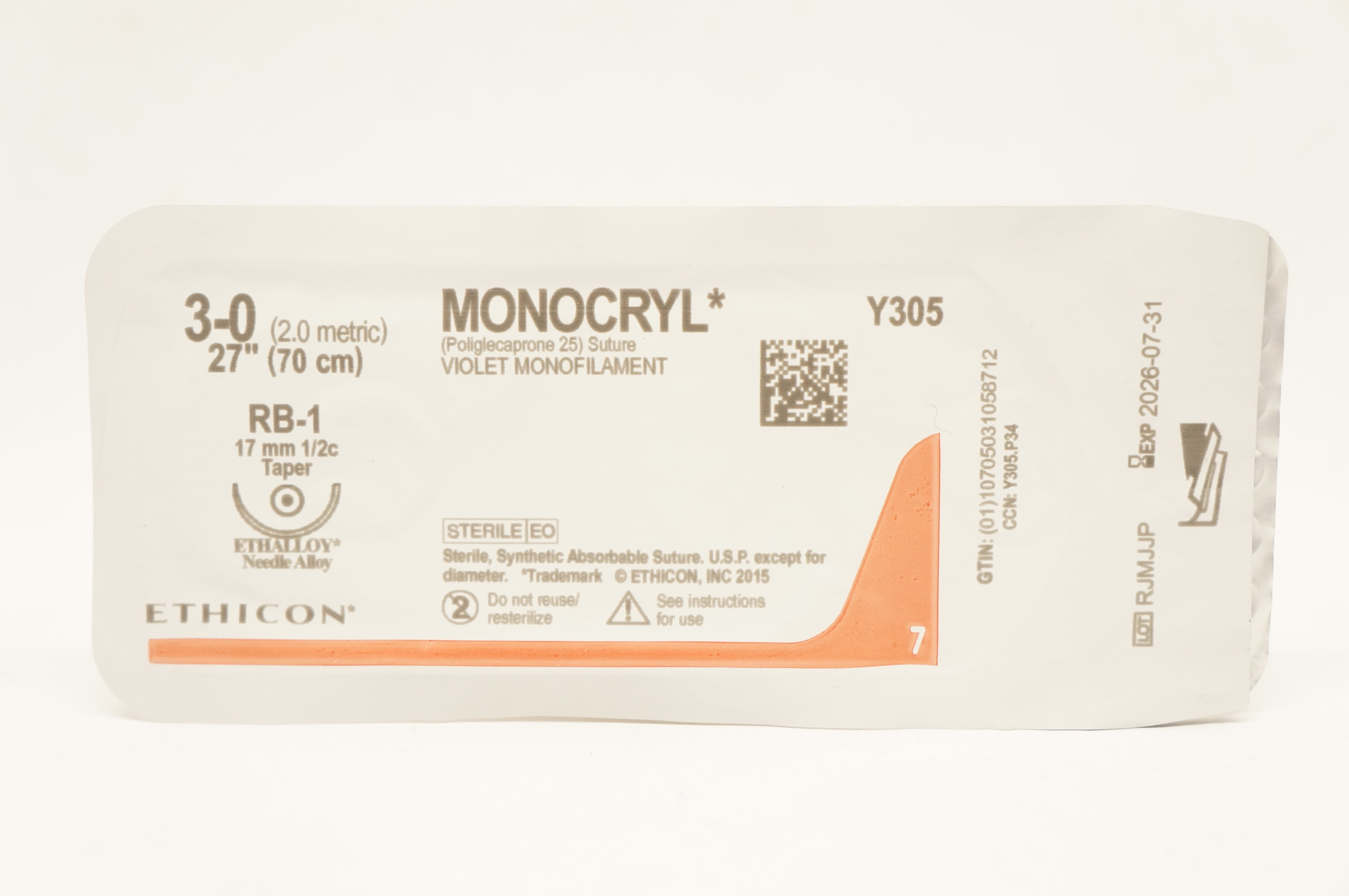 Ethicon Y305 3-0 MONOCRYL Poliglecaprone 25 Stre RB-1 17mm 1/2c Taper 27inch
