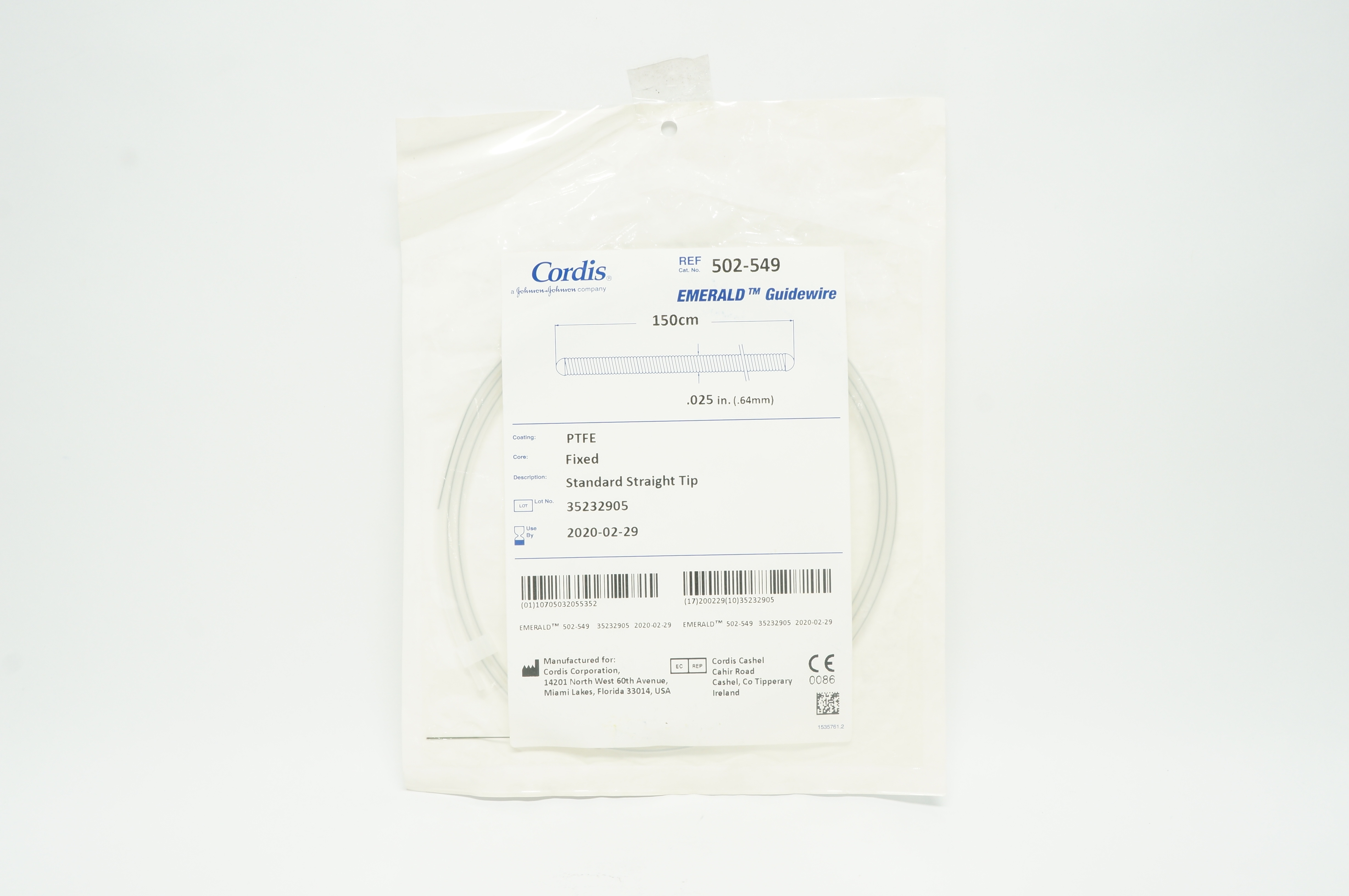 Cordis 502549 Emerald Guidewire, Standard Straight Tip, 0.025inch x