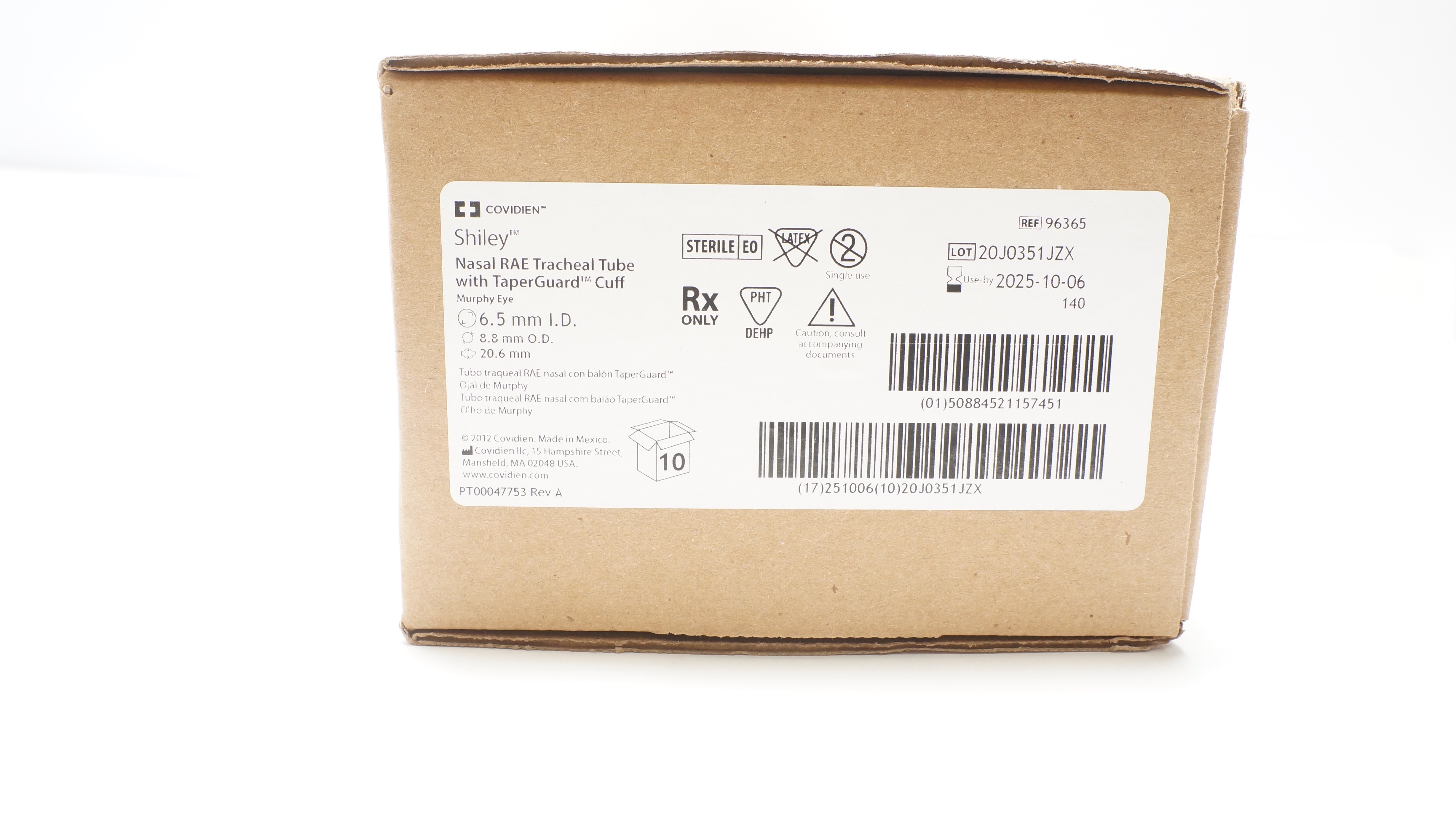 Covidien 96365 Shiley Nasal Rae Tracheal Tube with Cuff 6.5 ID - Box of 10