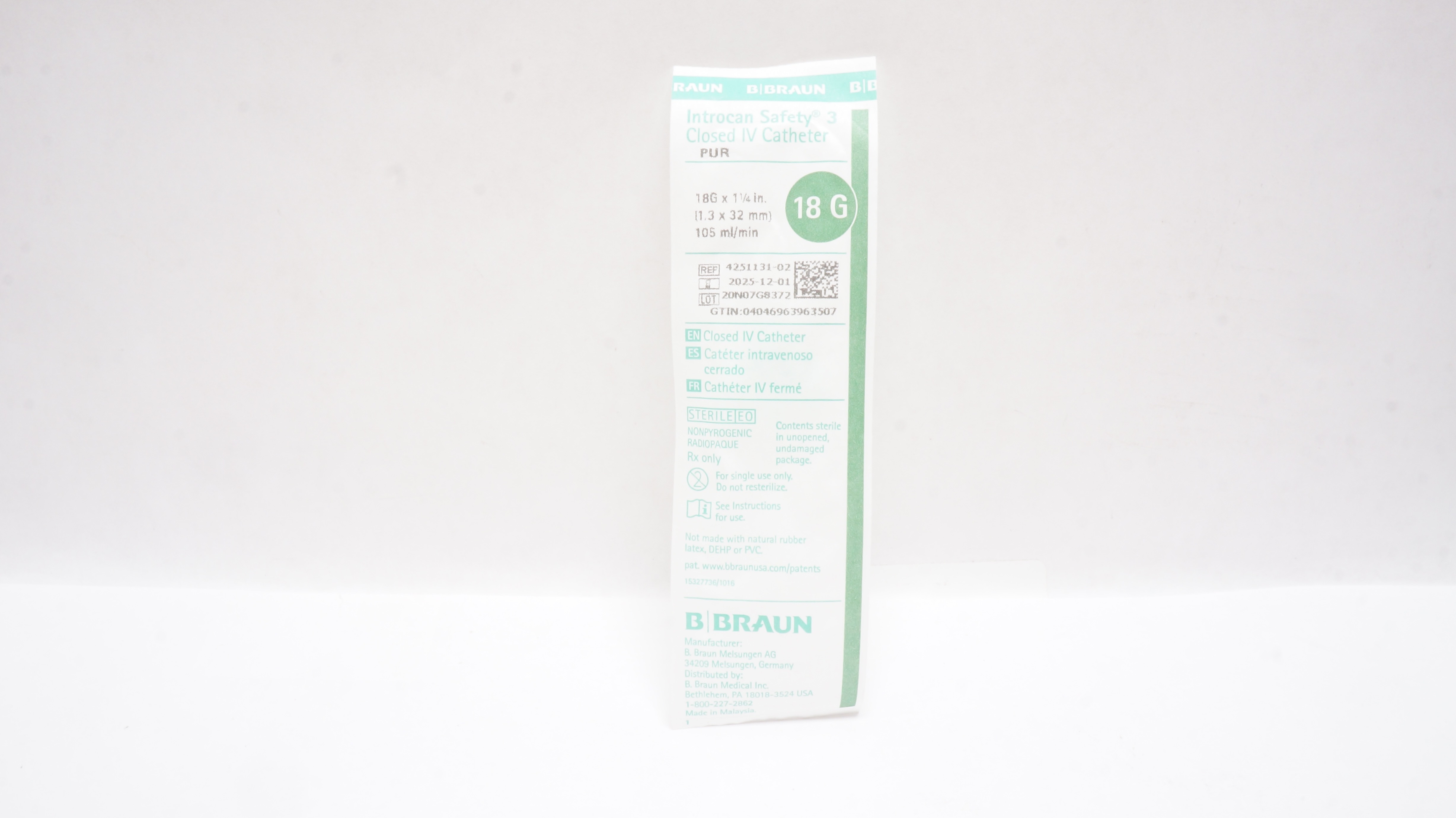 B.Braun 4251131-02 Introcan Safety 3 Closed IV Cath. 18G x 1-1/4inch 105ml/min