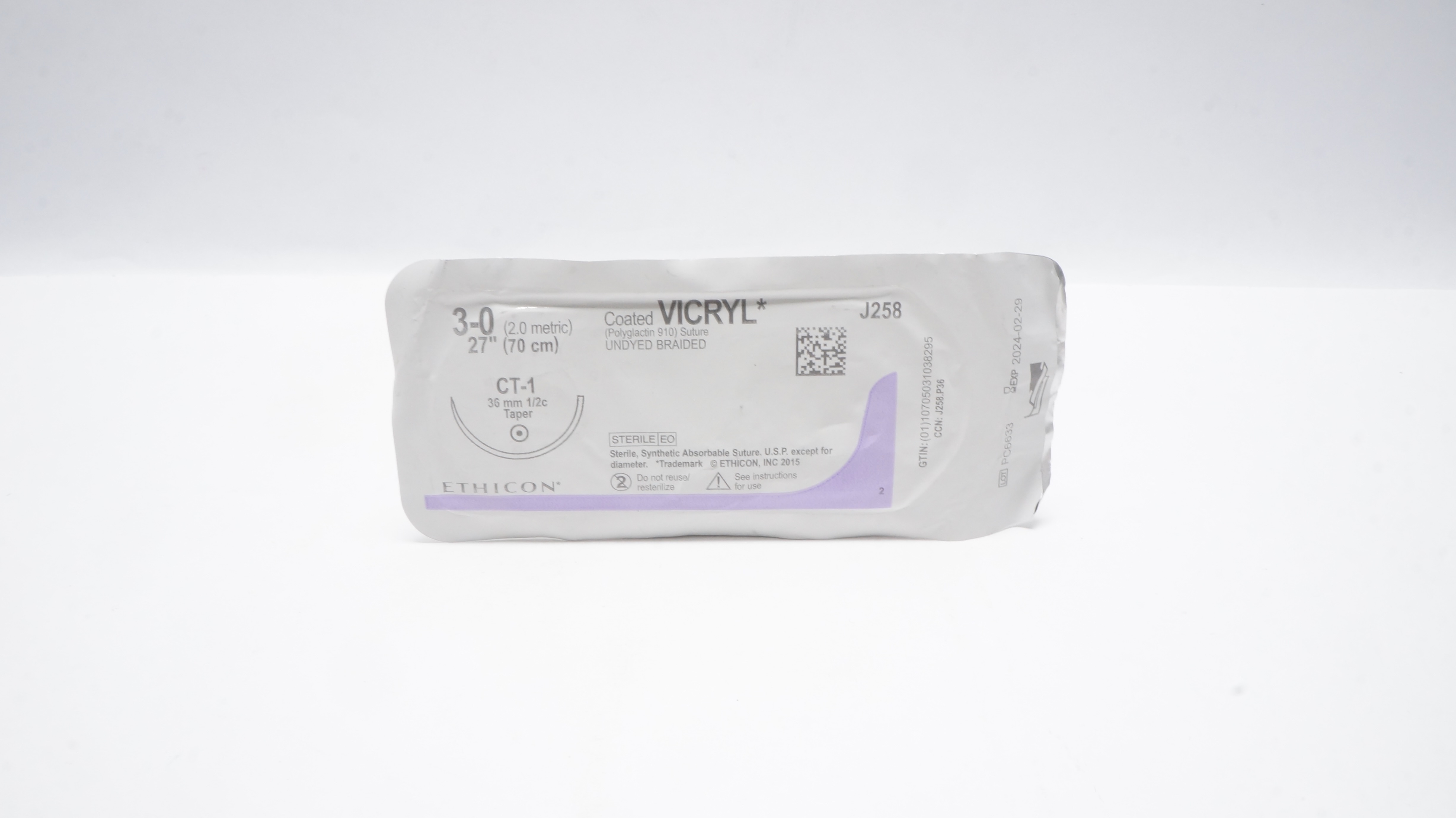Ethicon J258 3-0 Coated VICRYL Polyglactin Stre CT-1 36mm 1/2c Taper 27inch (x)