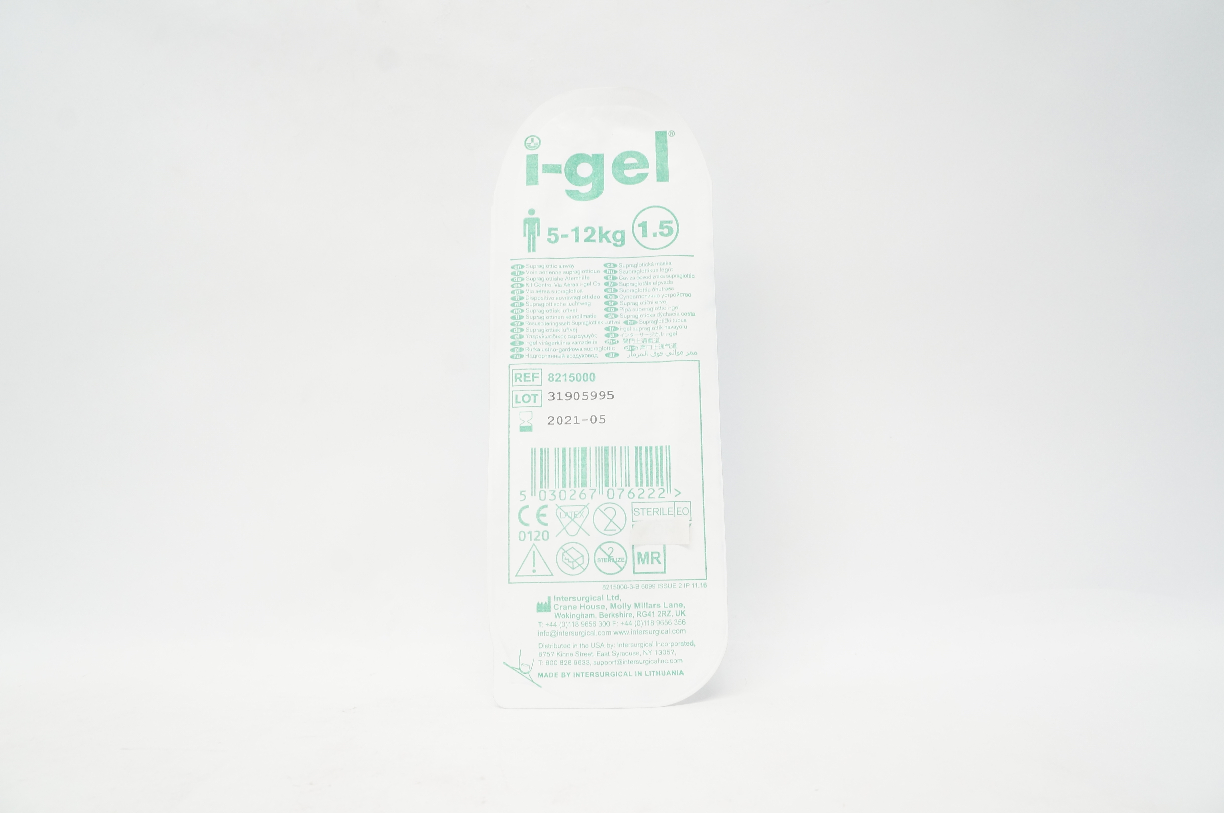 Intersurgical 8215000 I-Gel Supraglottic Airway  5-12 kg, Size 1.5 (x)