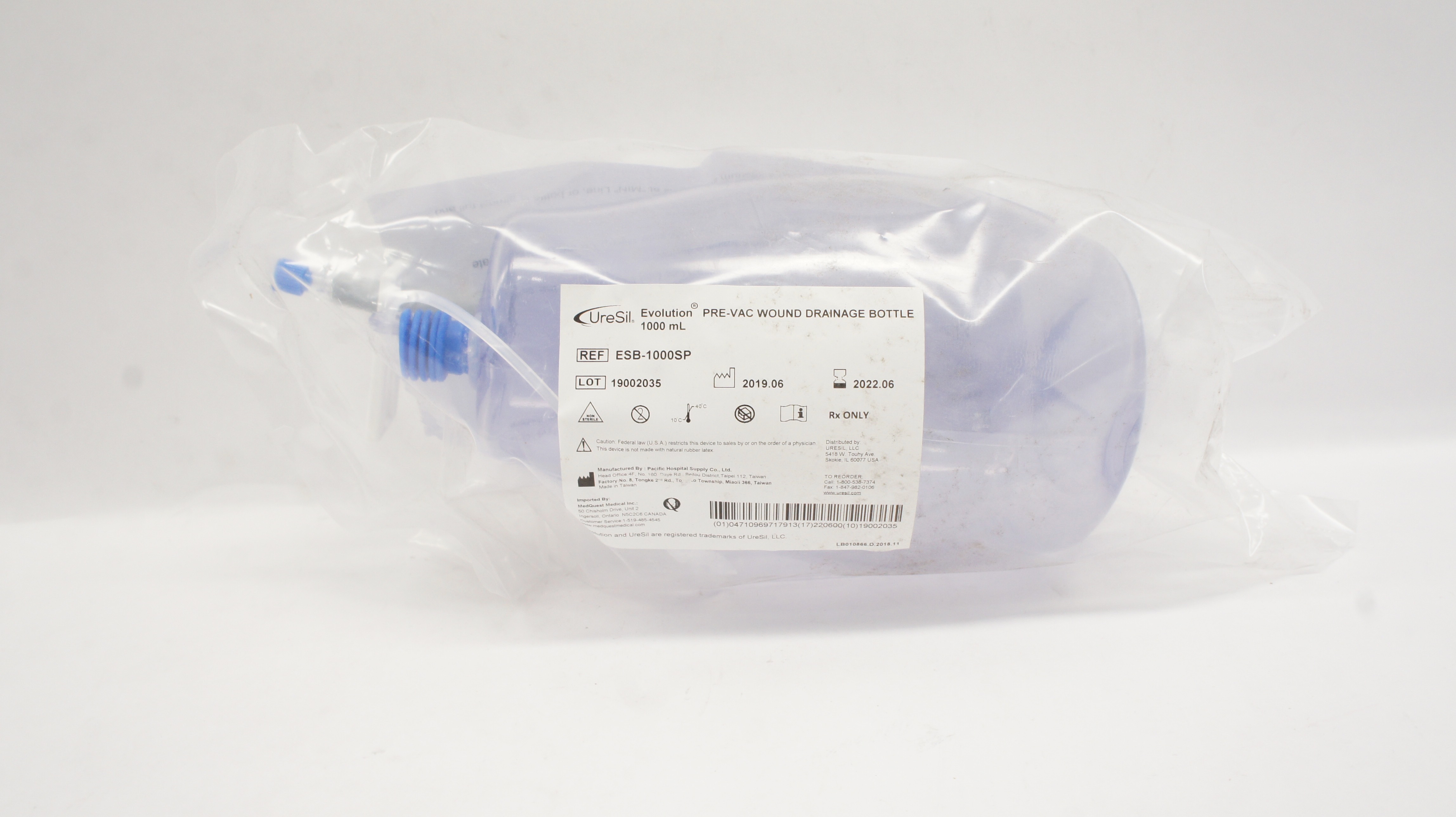 UreSil ESB-1000SP Evolution Pre-Vac Wound Drainage Bottle, 1000mL (x)