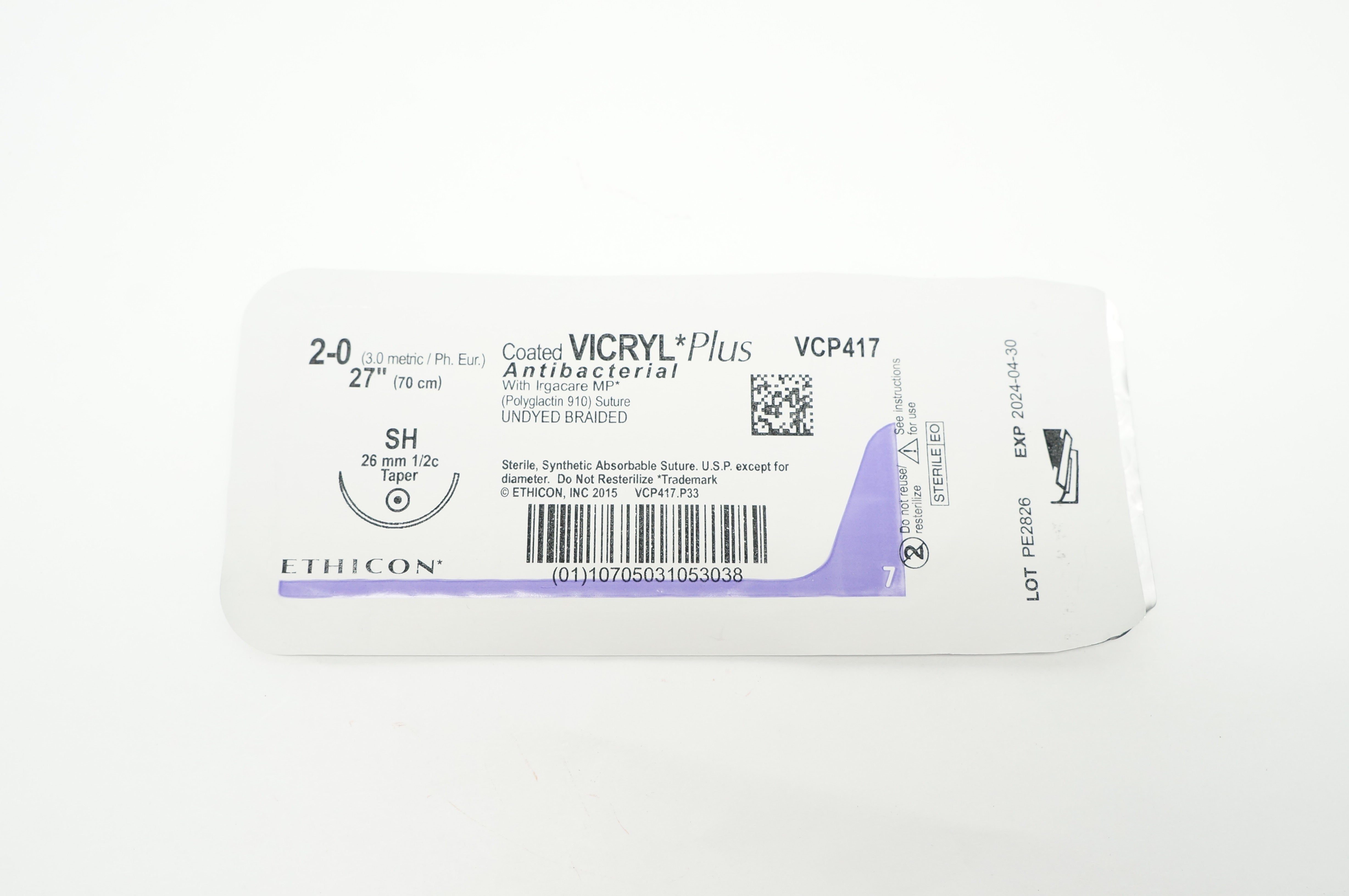 Ethicon VCP417 2-0 VICRYL Plus SH 26mm 1/2c Taper 27inch