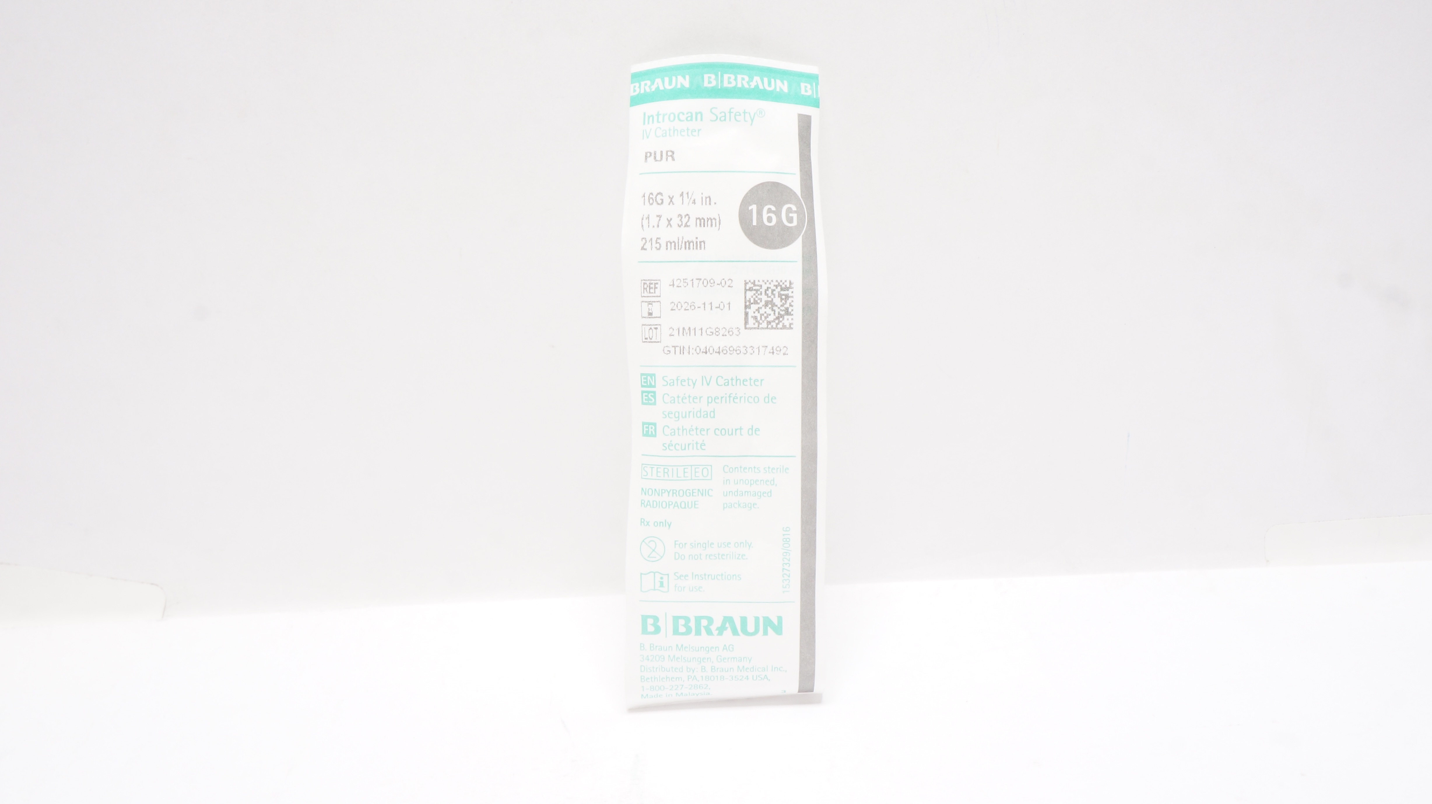 Braun 4251709-02 Introcan Safety Safety IV Cath. PUR 16G x 1-1/4inch, 215mL/min