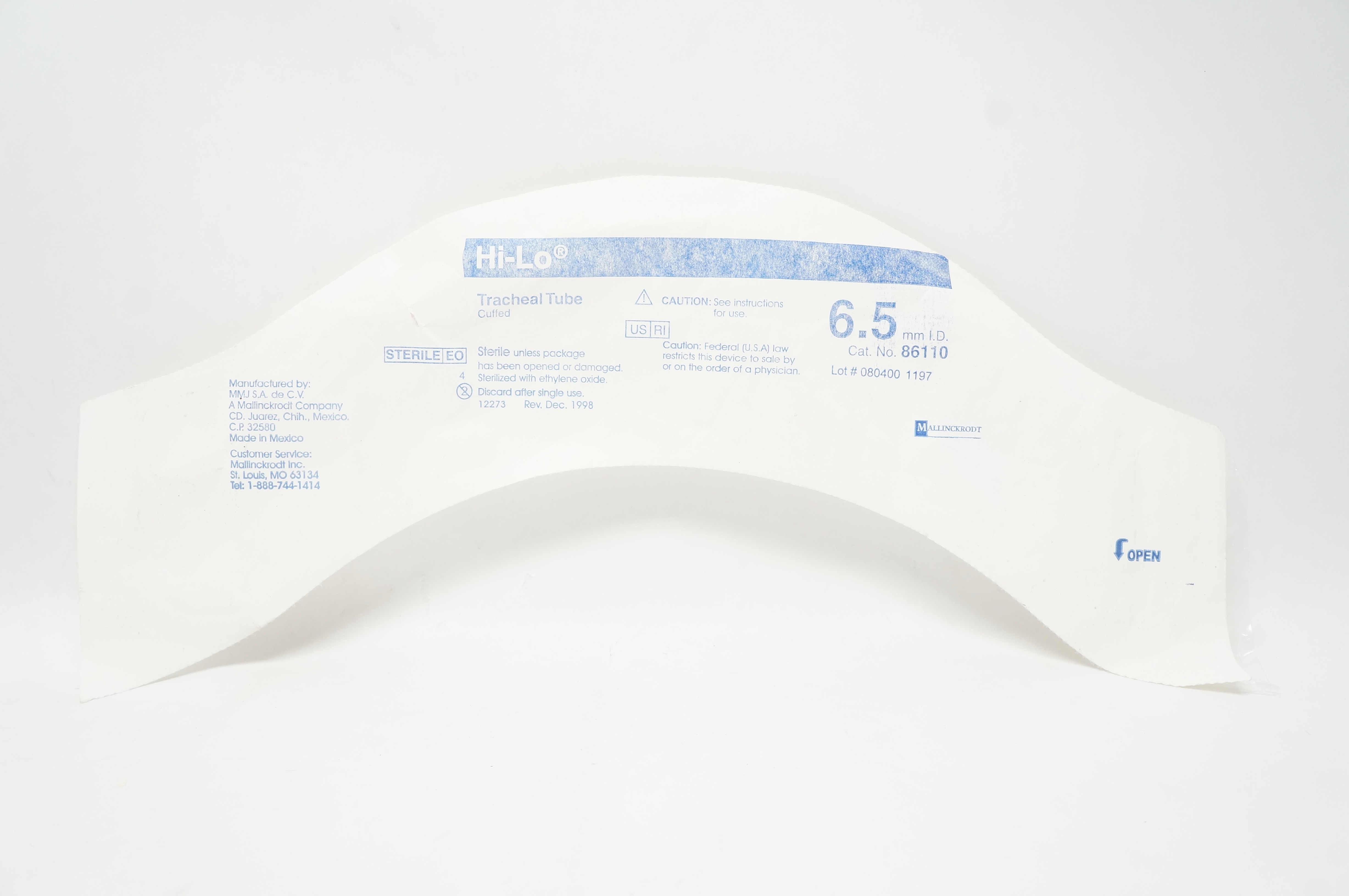 Mallinckrodt 86110 Hi-Lo Tracheal Tube Cuffed 6.5mm