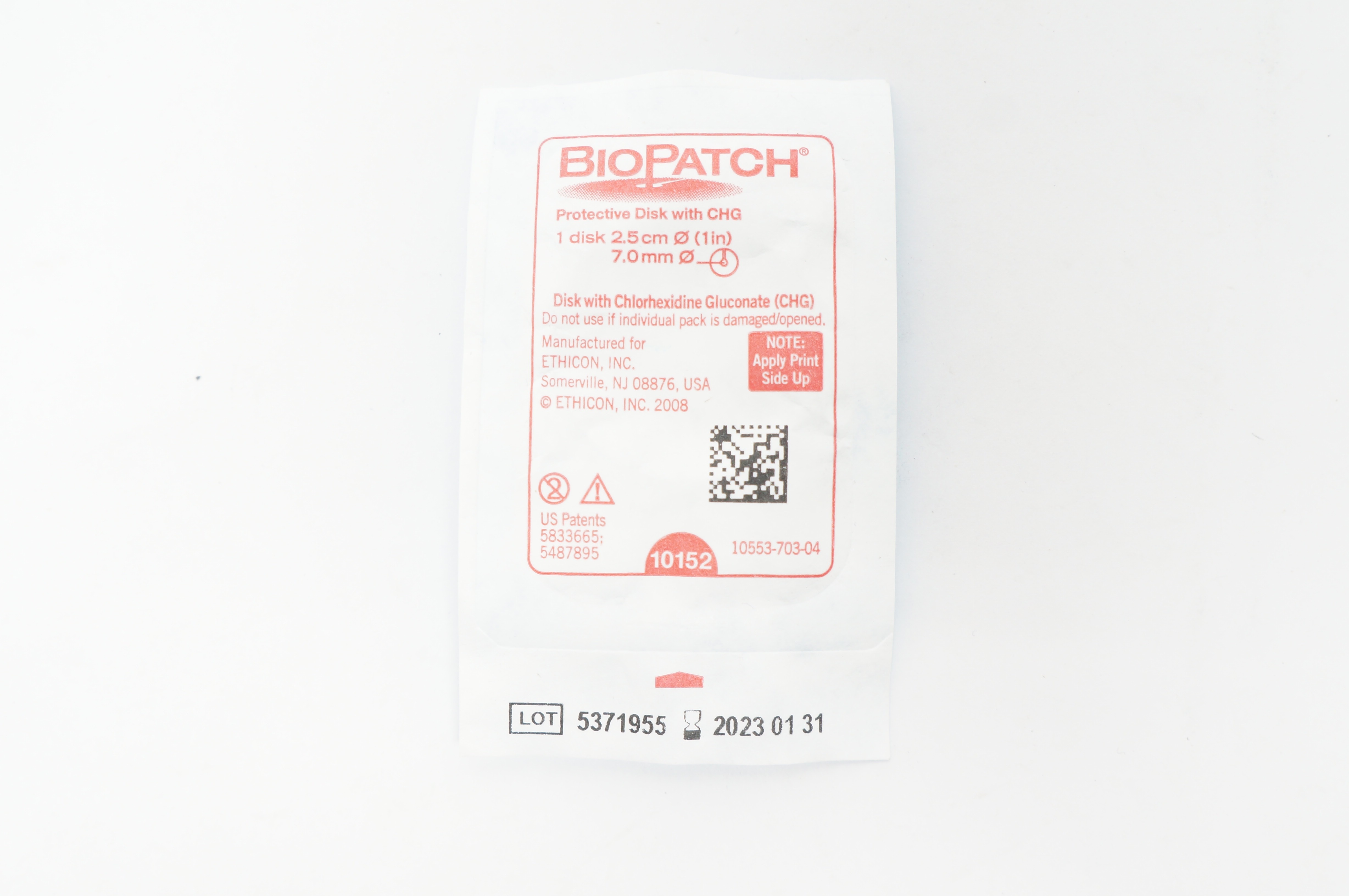 Ethicon 10152 BioPatch Protevtive Disk with CHG 2.5cm x 7mm