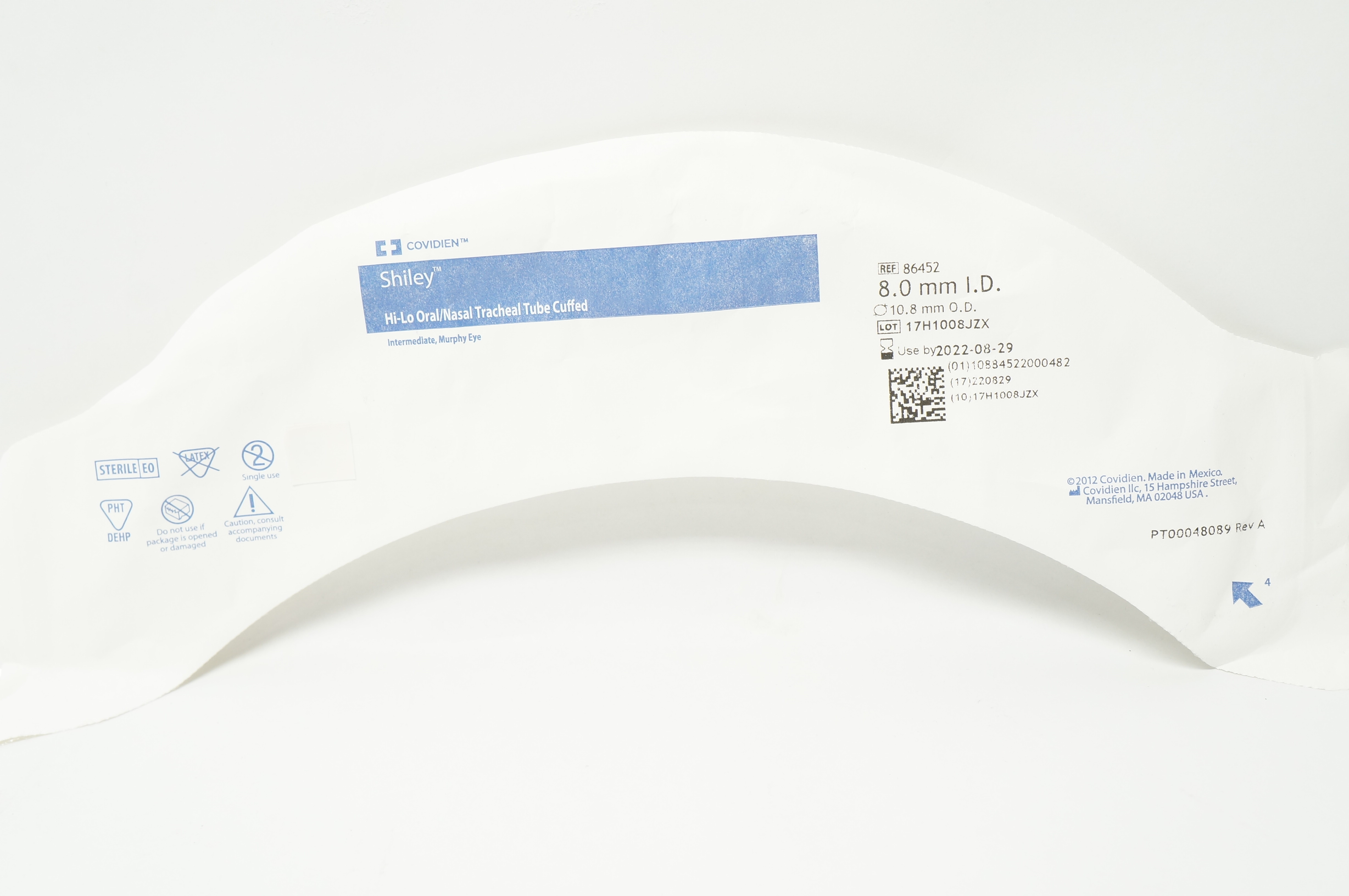 Covidien 86452 Shiley Hi-Lo Oral/Nasal Tracheal Tube Cuffed 8.0 x 10.8mm