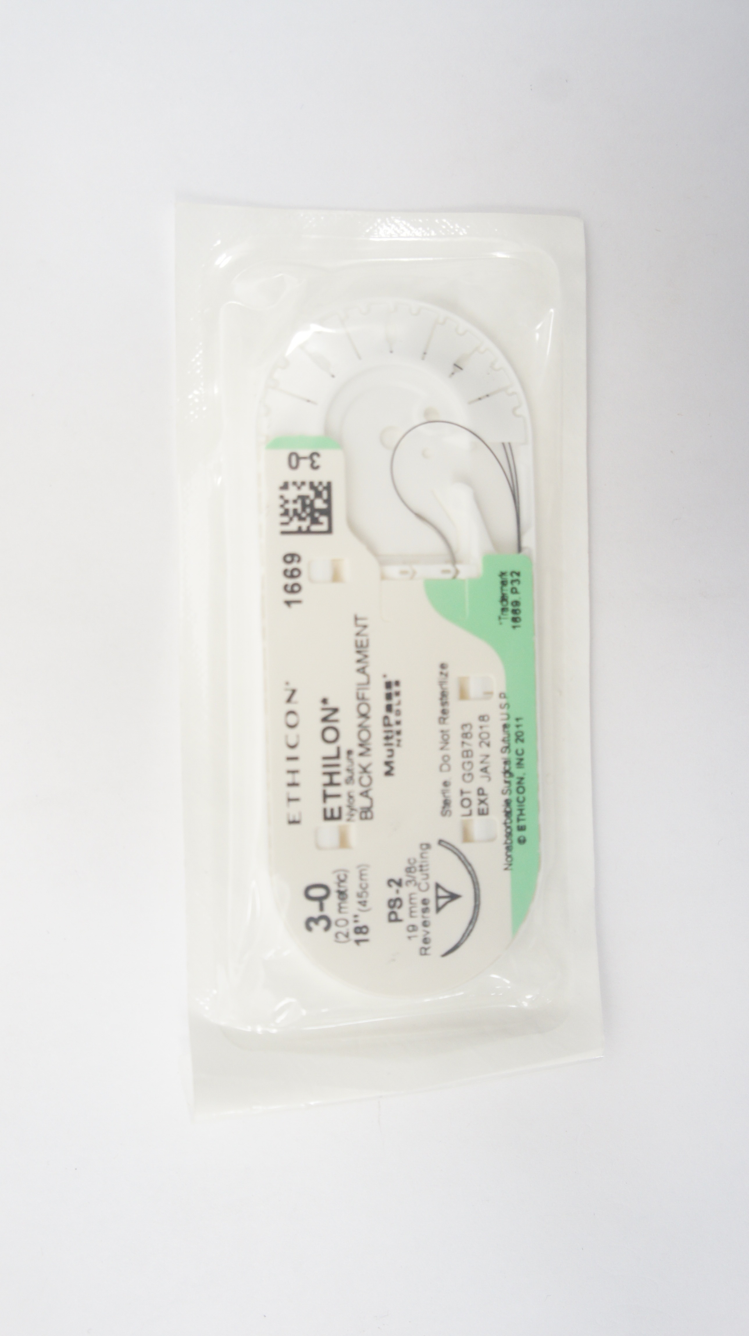 Ethicon 1669 3-0 ETHILON Nylon Stre PS-2 19mm 3/8c Reverse Cutting, 18inch (x)