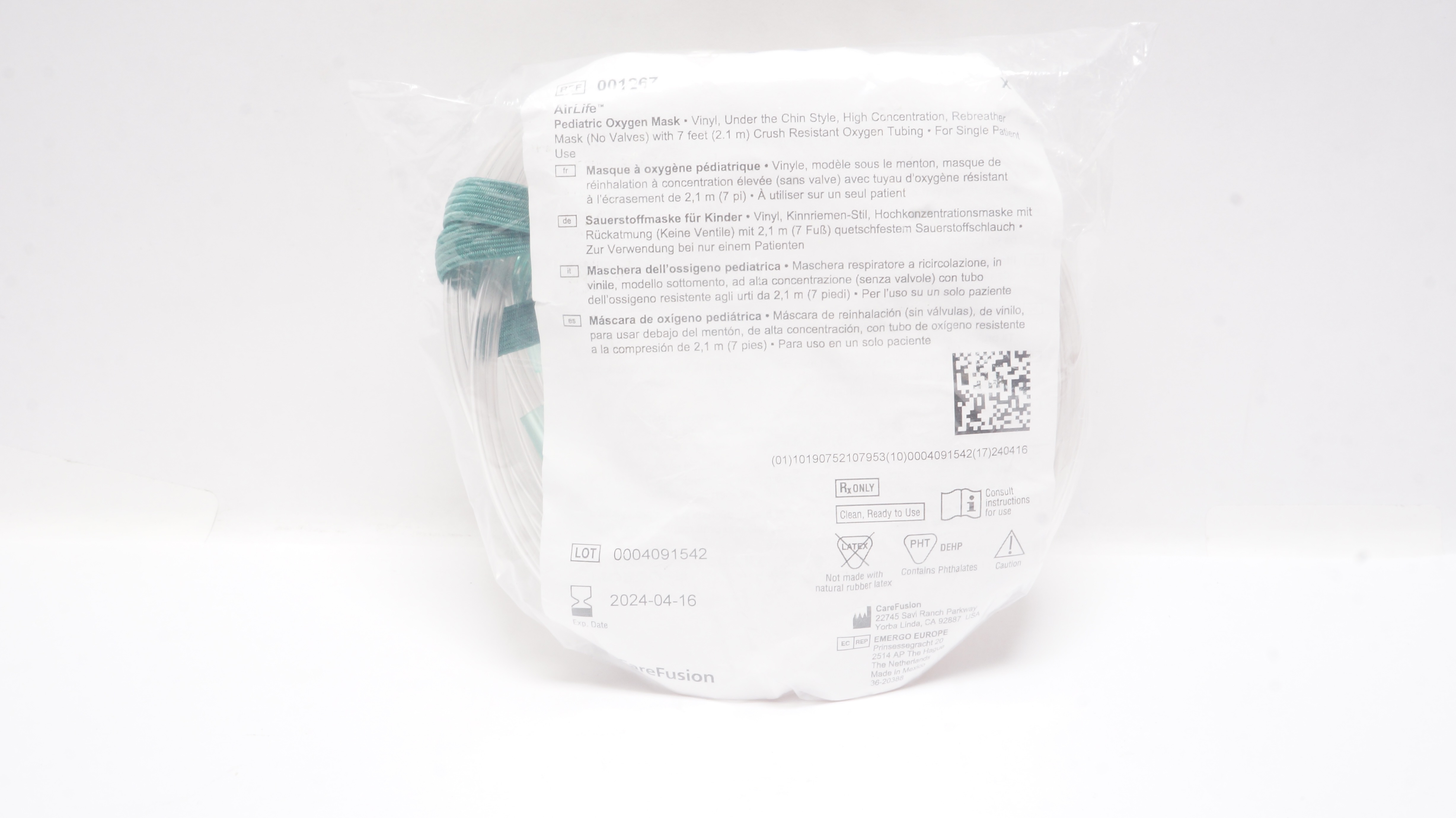 CareFusion 001267 AirLife Pediatric Oxygen Mask w/7ft. Oxygen Tubing