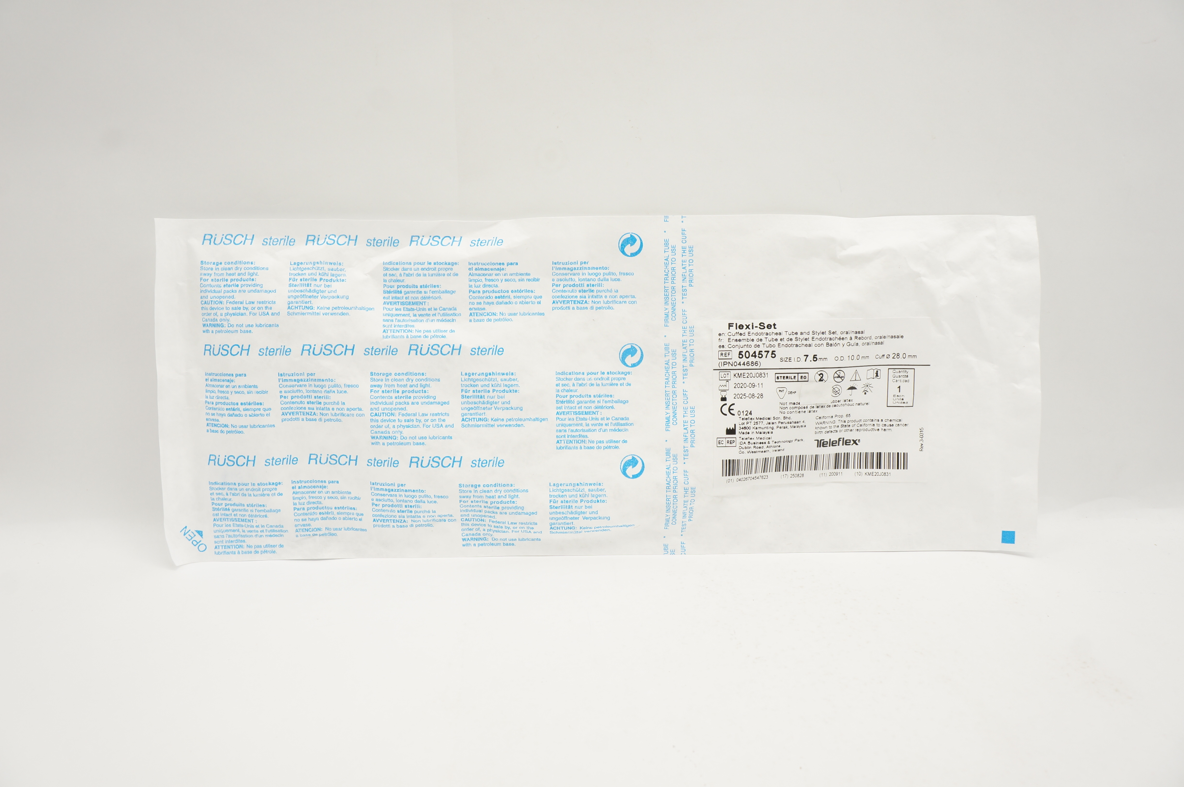 Teleflex 504575 Flexi-Set Endotracheal Tube & Stylet Set 7.5ID x 10.0OD x 28.0mm