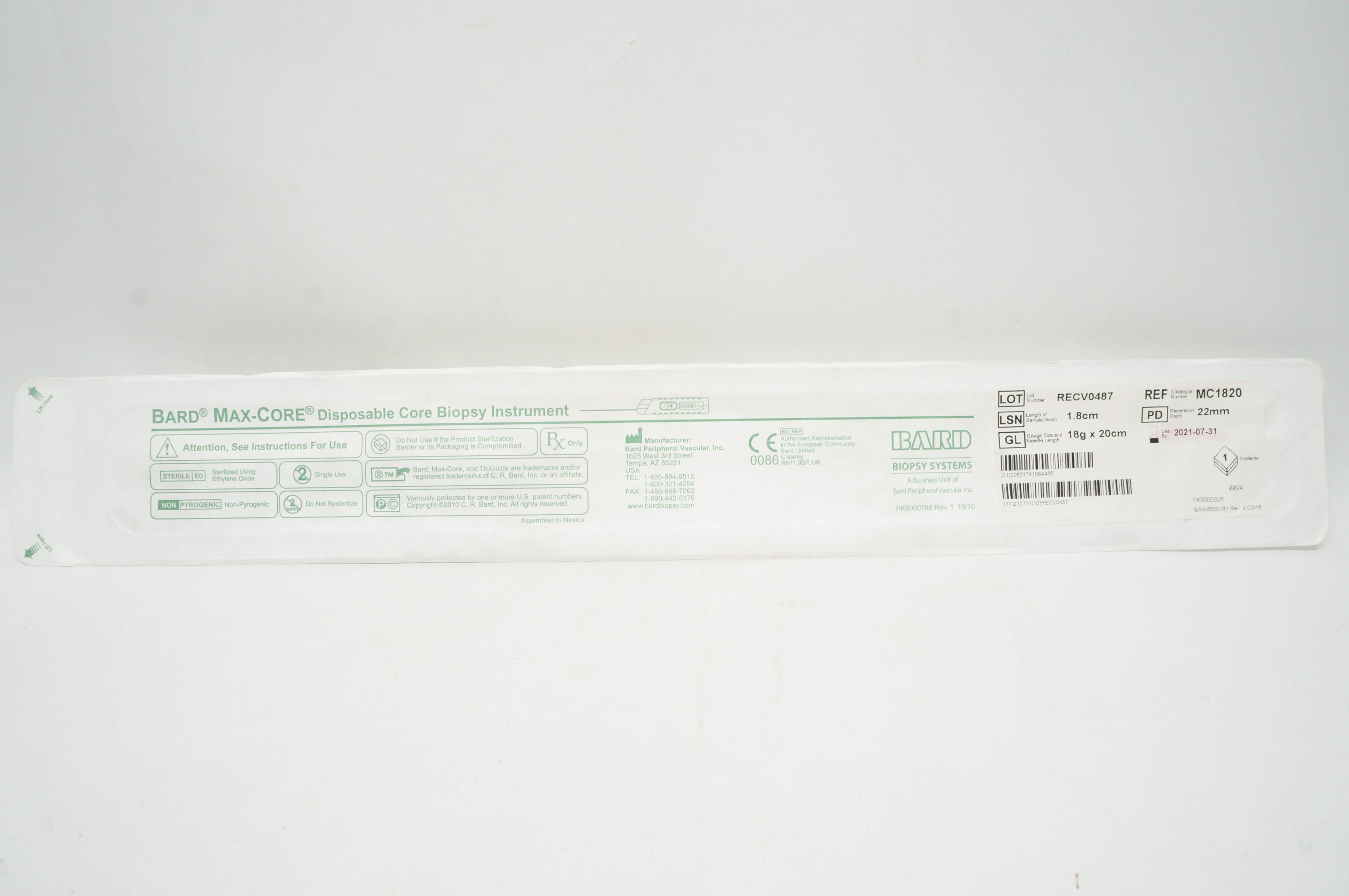 Bard MC1820 Max-Core Disposable Core Biopsy Instrument 1.8cm x 18g x 20cm (x)