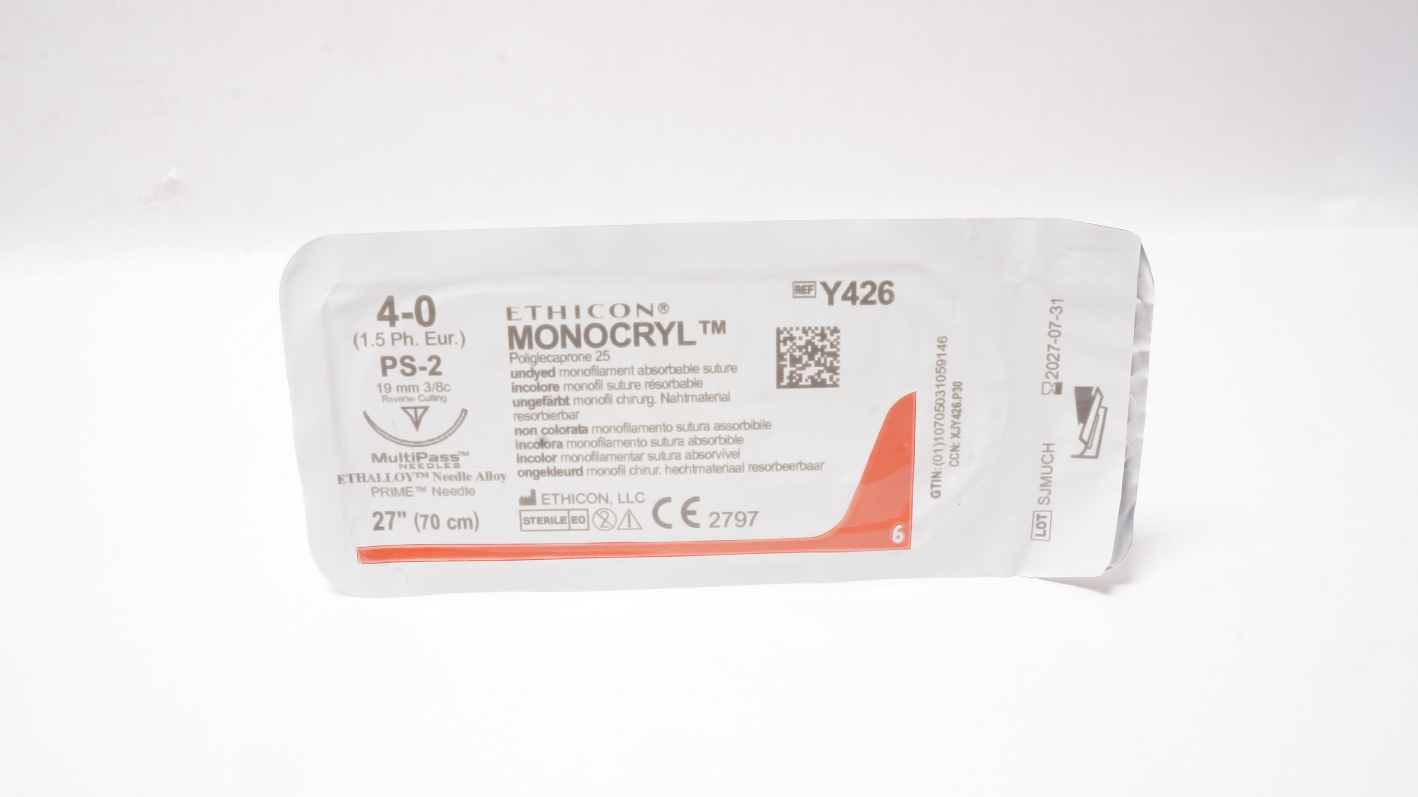 Ethicon Y426 4-0 Monocryl Synthetic Stre PS-2 19mm 3/8c ReverseCutting 27inch