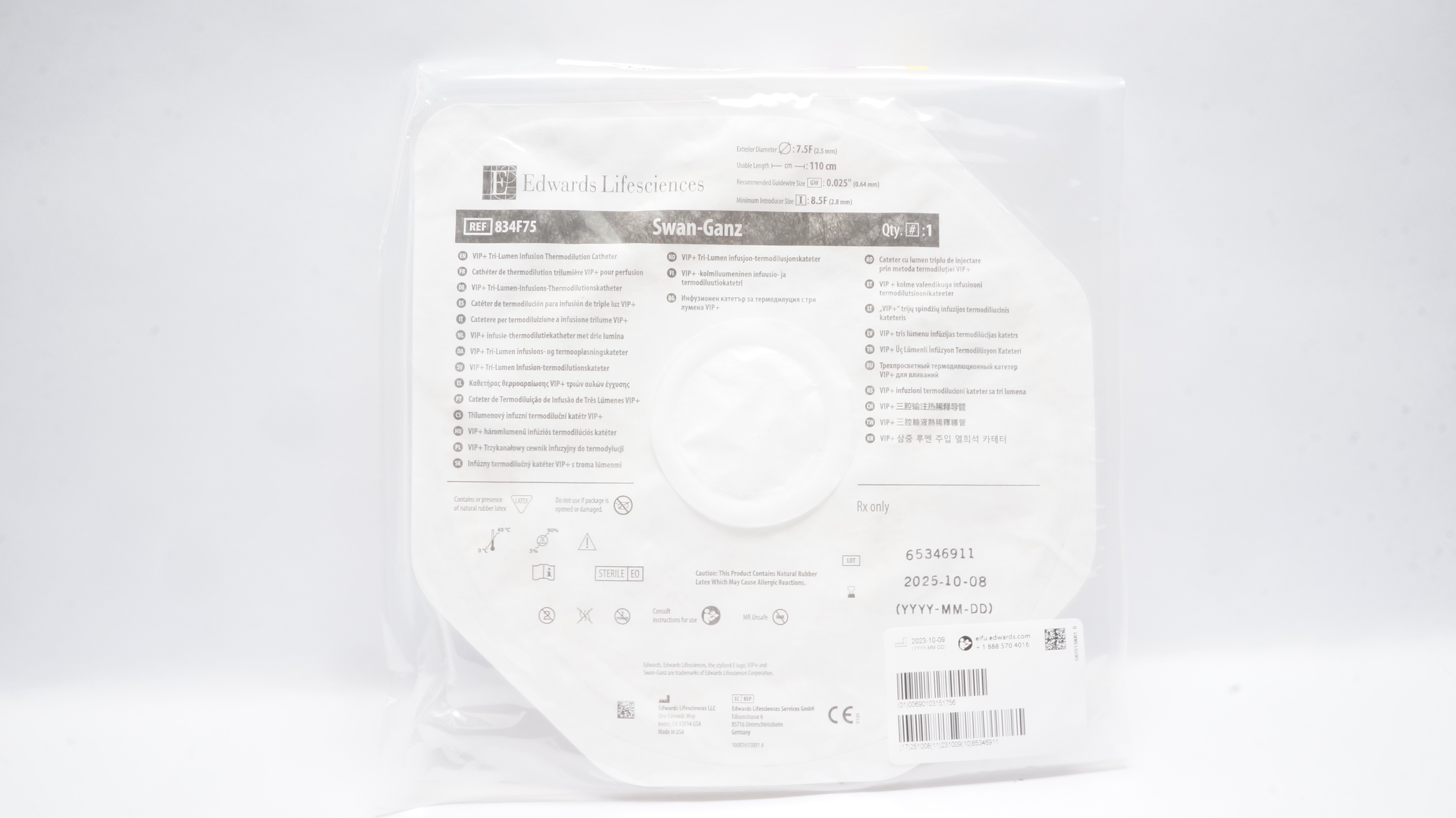 Edwards Lifesciences 834F75 Swan-Ganz Thermodilution Cath. 7.5F x 110 cm