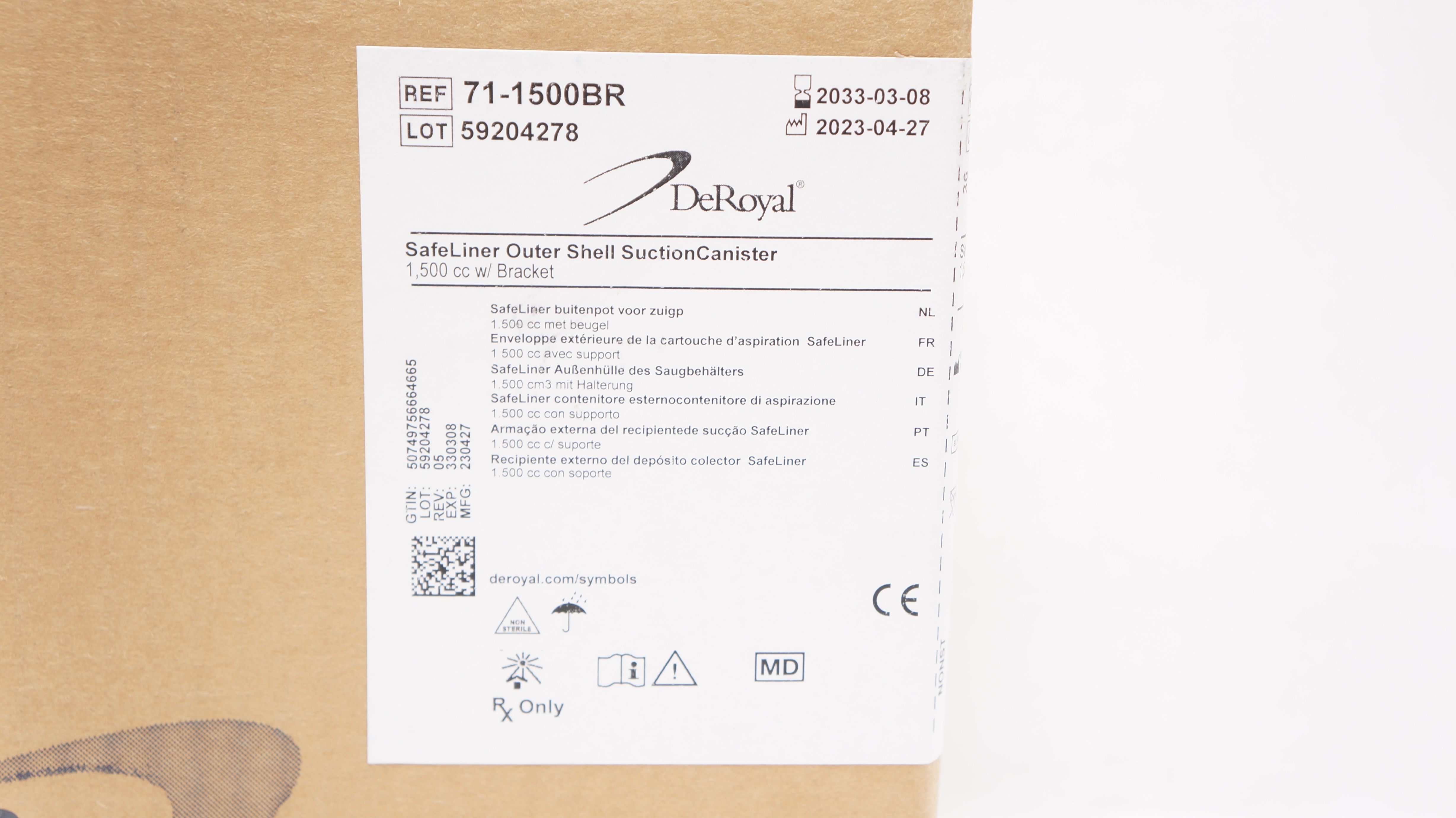 DeRoyal 711500BR SafeLiner Outer Shell Suction Canister 1,500cc with