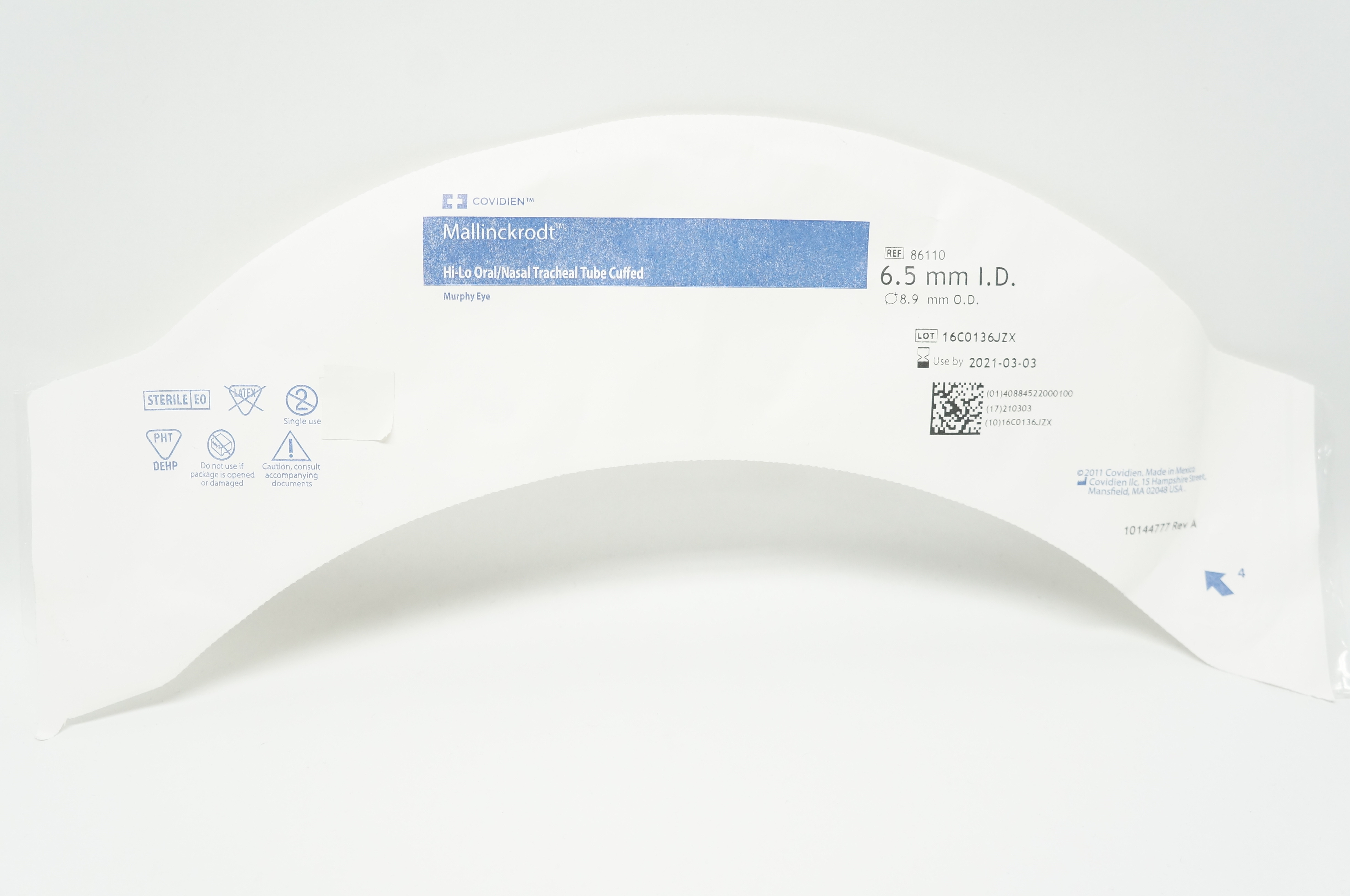 Covidien 86110 Mallinckrodt Hi-Lo Oral/Nasal Tracheal Tube Cuffed 6.5 x8.9mm (x)