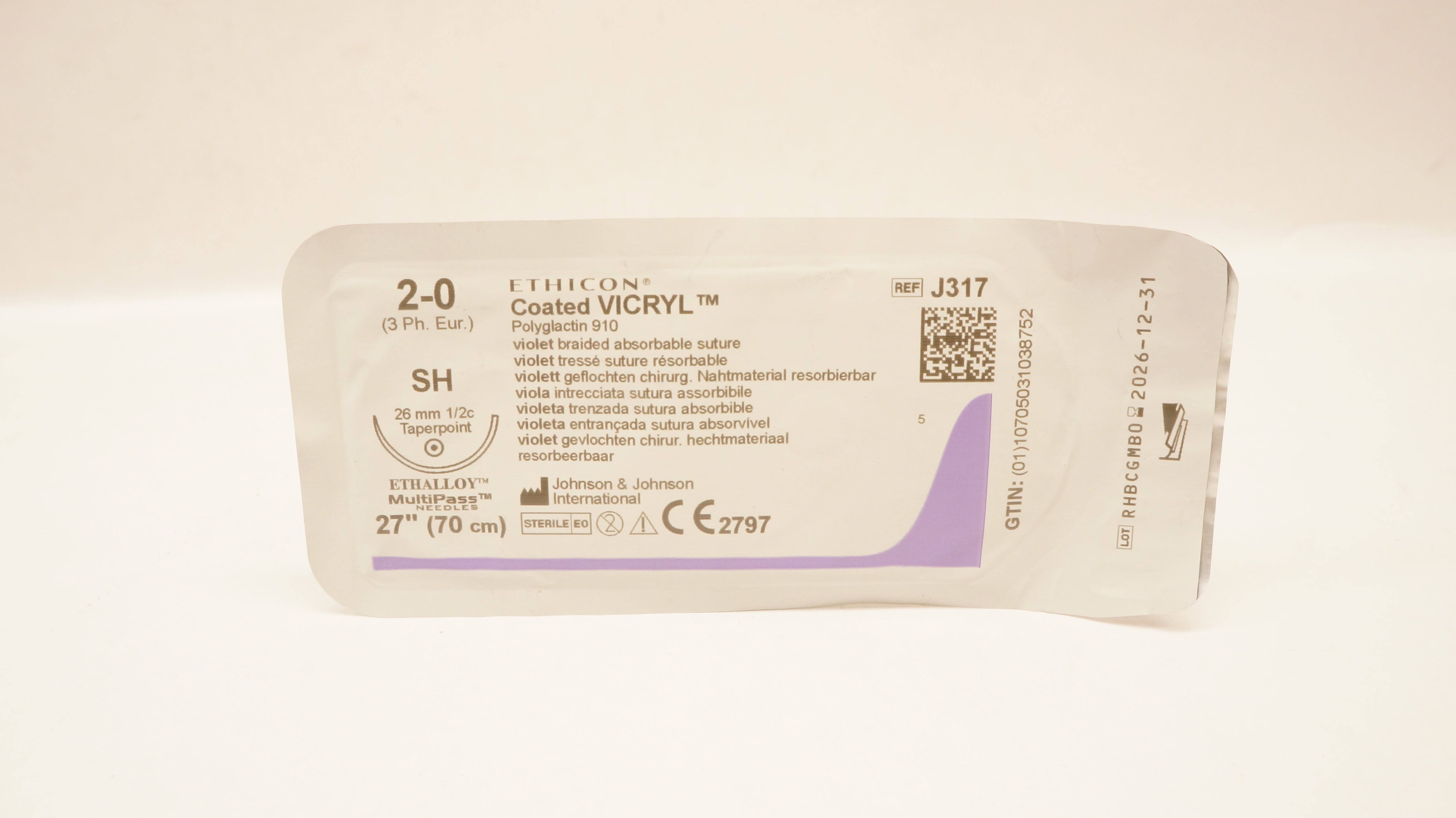 Ethicon J317 2-0 Coated VICRYL, SH, 26mm 1/2c Taper, 27inch