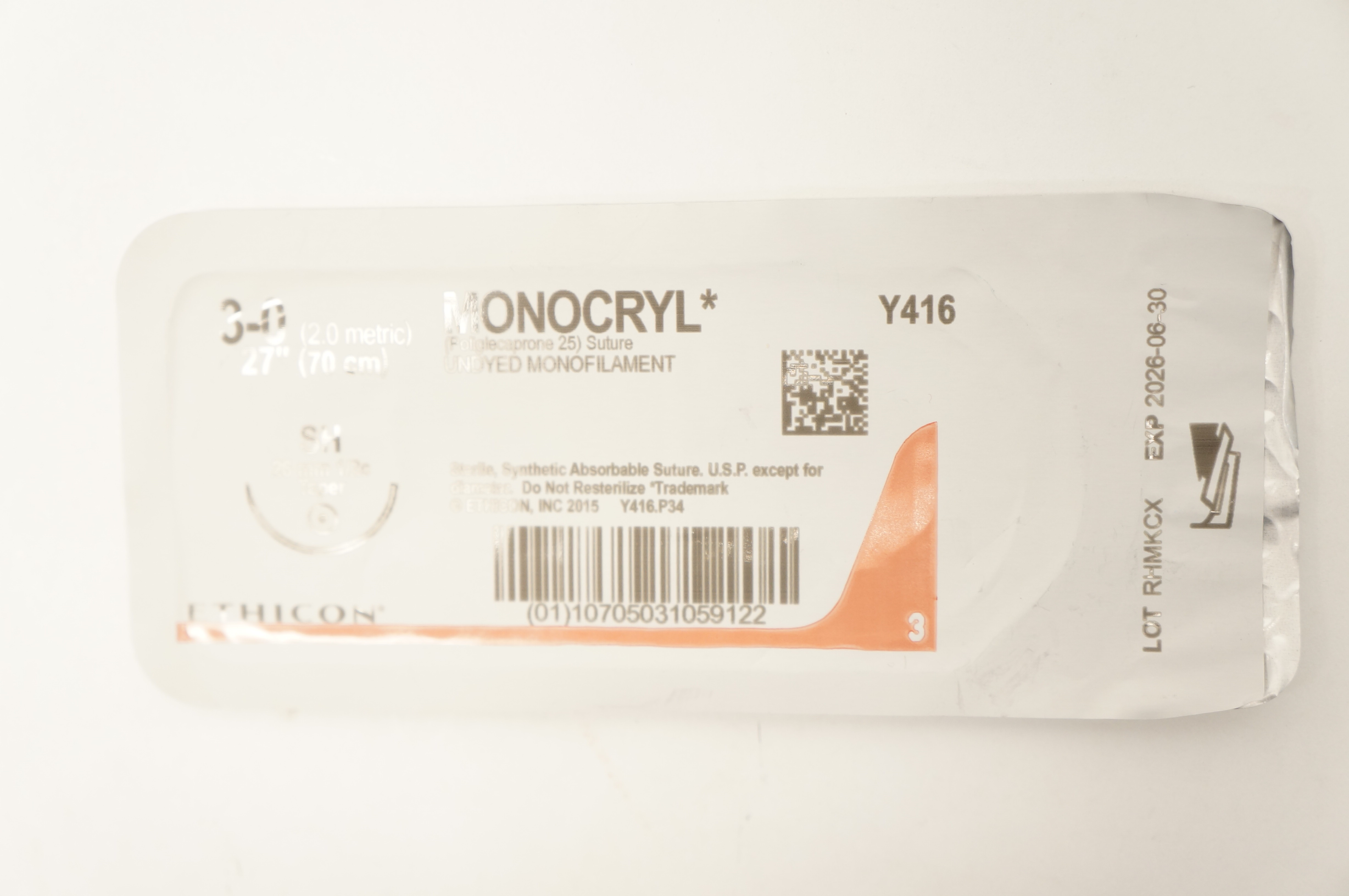 Ethicon Y416 3-0 Monocryl Poliglecaprone 25 Stre SH 26mm 1/2c Taper, 27 inch