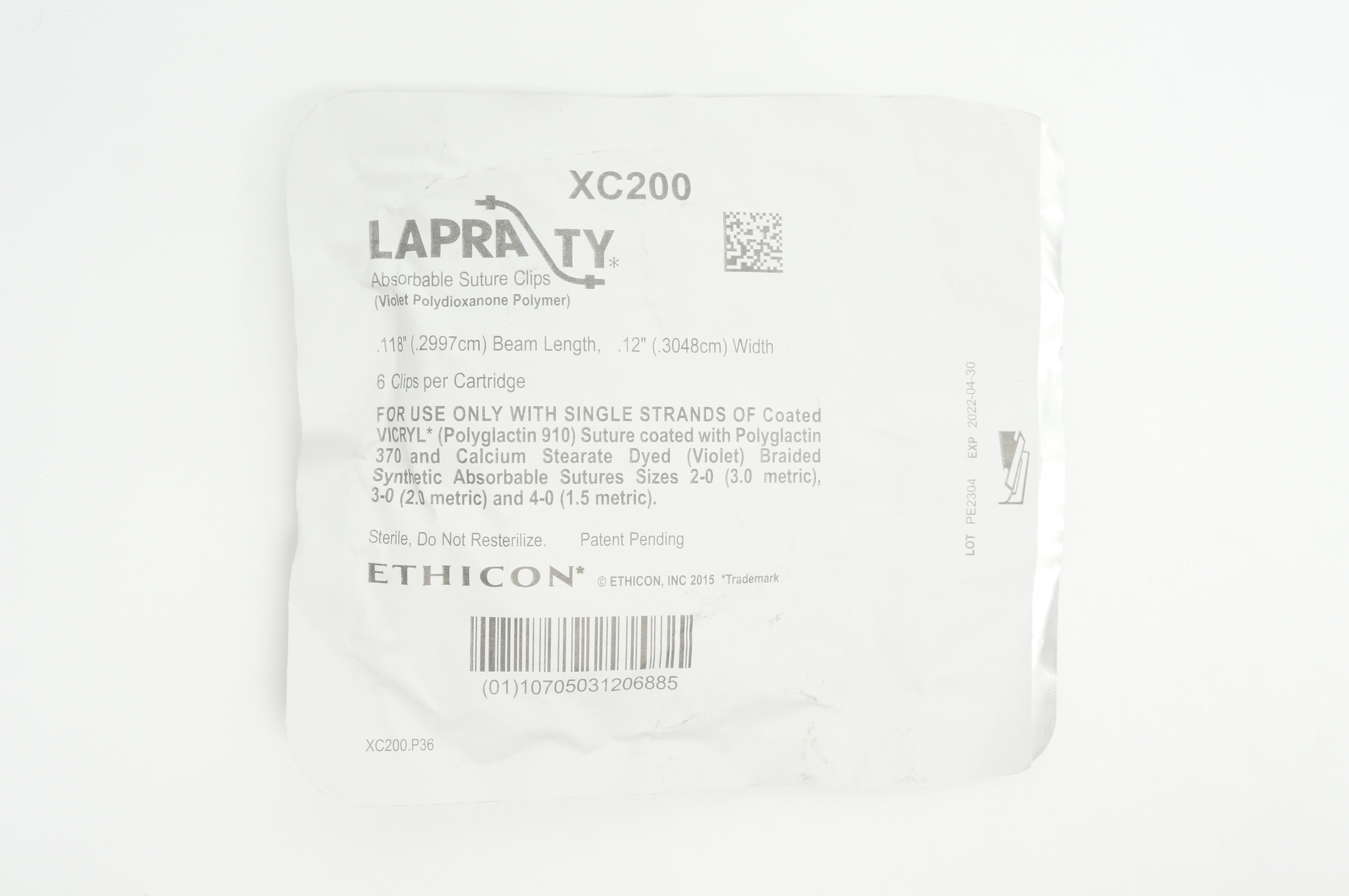 Ethicon XC200 LAPRA TY Absorbable Stre. Clips, Beam Length 12inch x 118inch