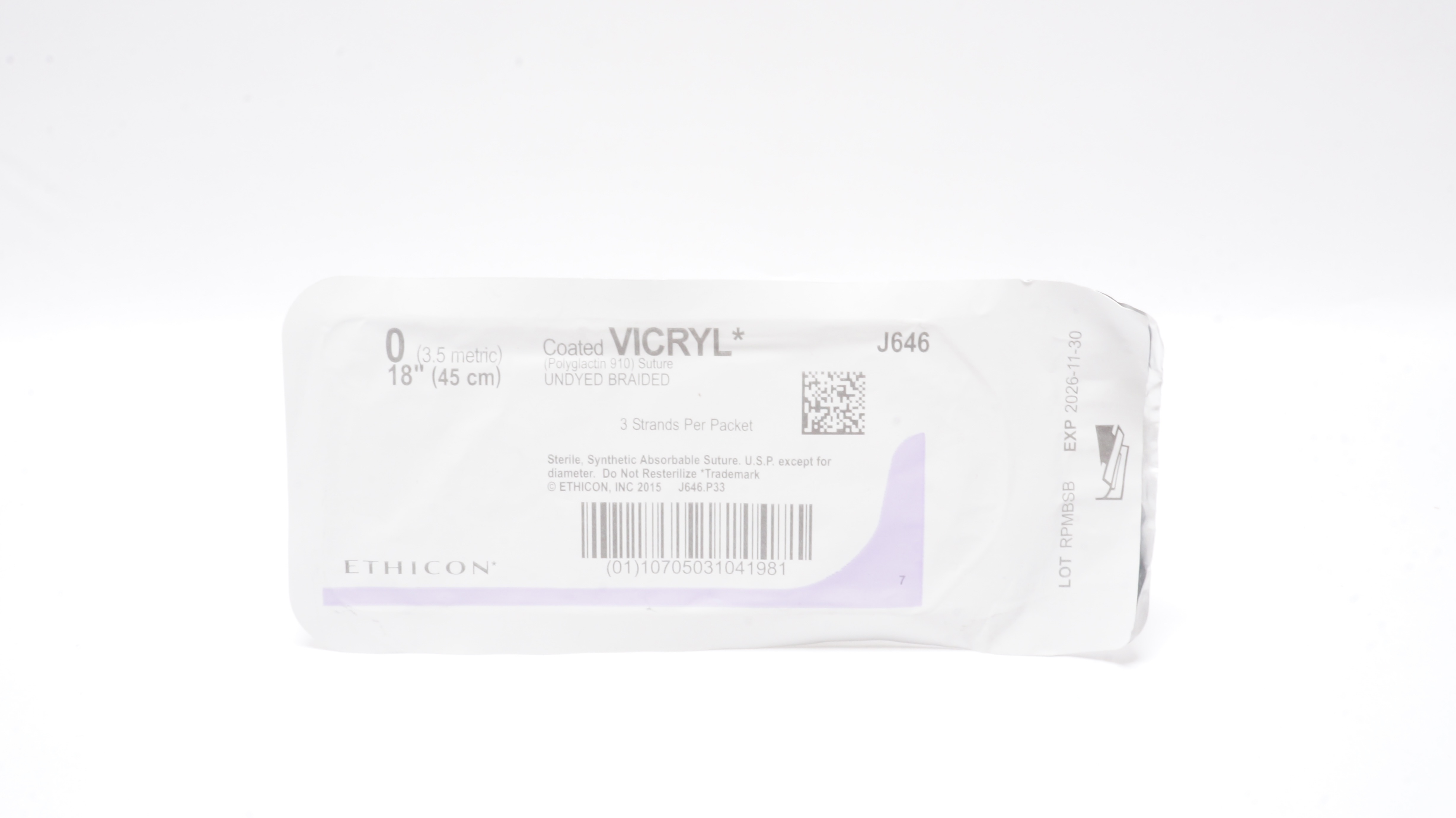 Ethicon J646 0 Coated VICRYL Polyglactin 910 Stre Undyed Braided, 18inch