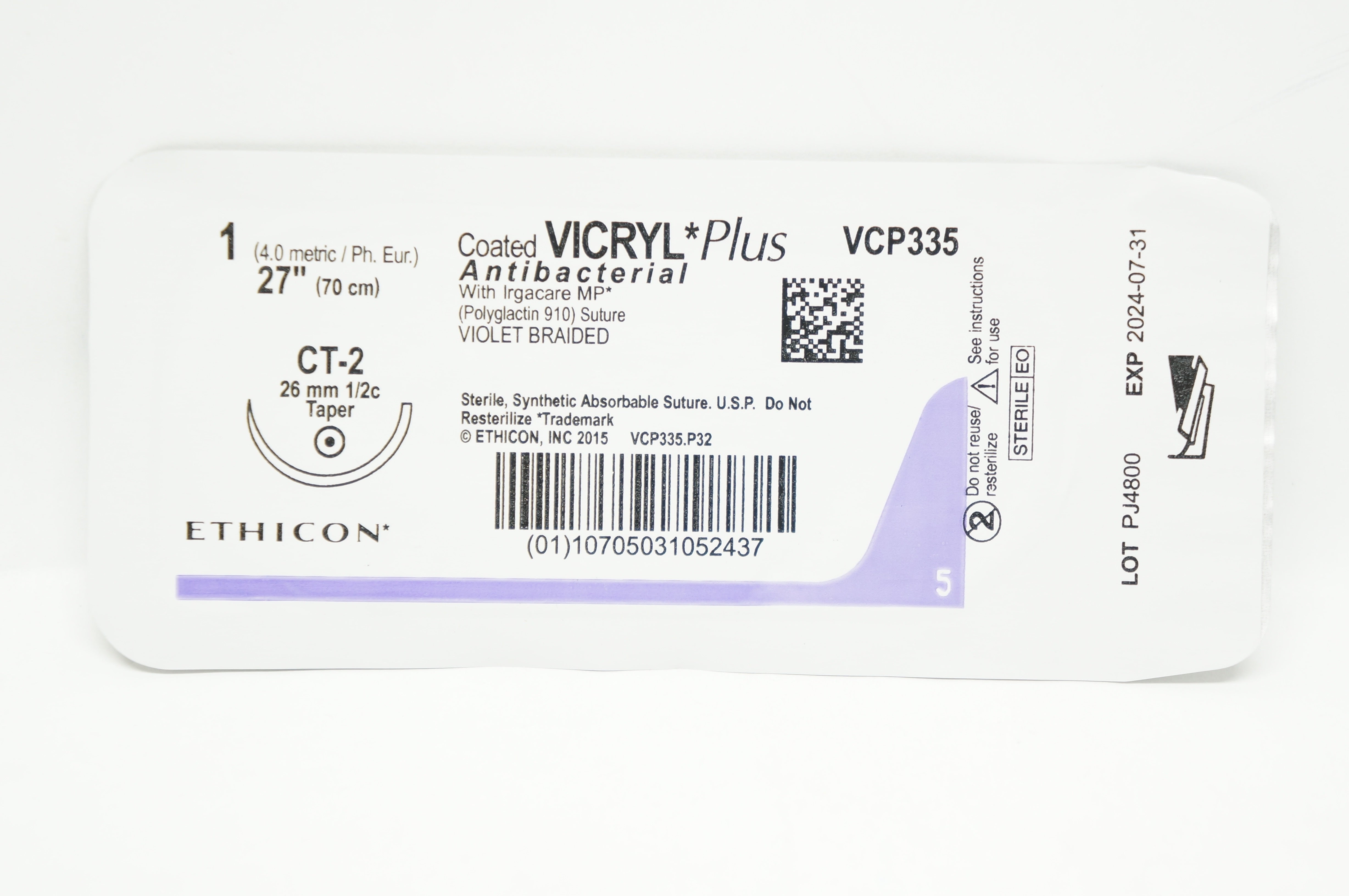 Ethicon VCP335 1 VICRYL Plus, CT-2, 26mm 1/2c Taper, 27inch