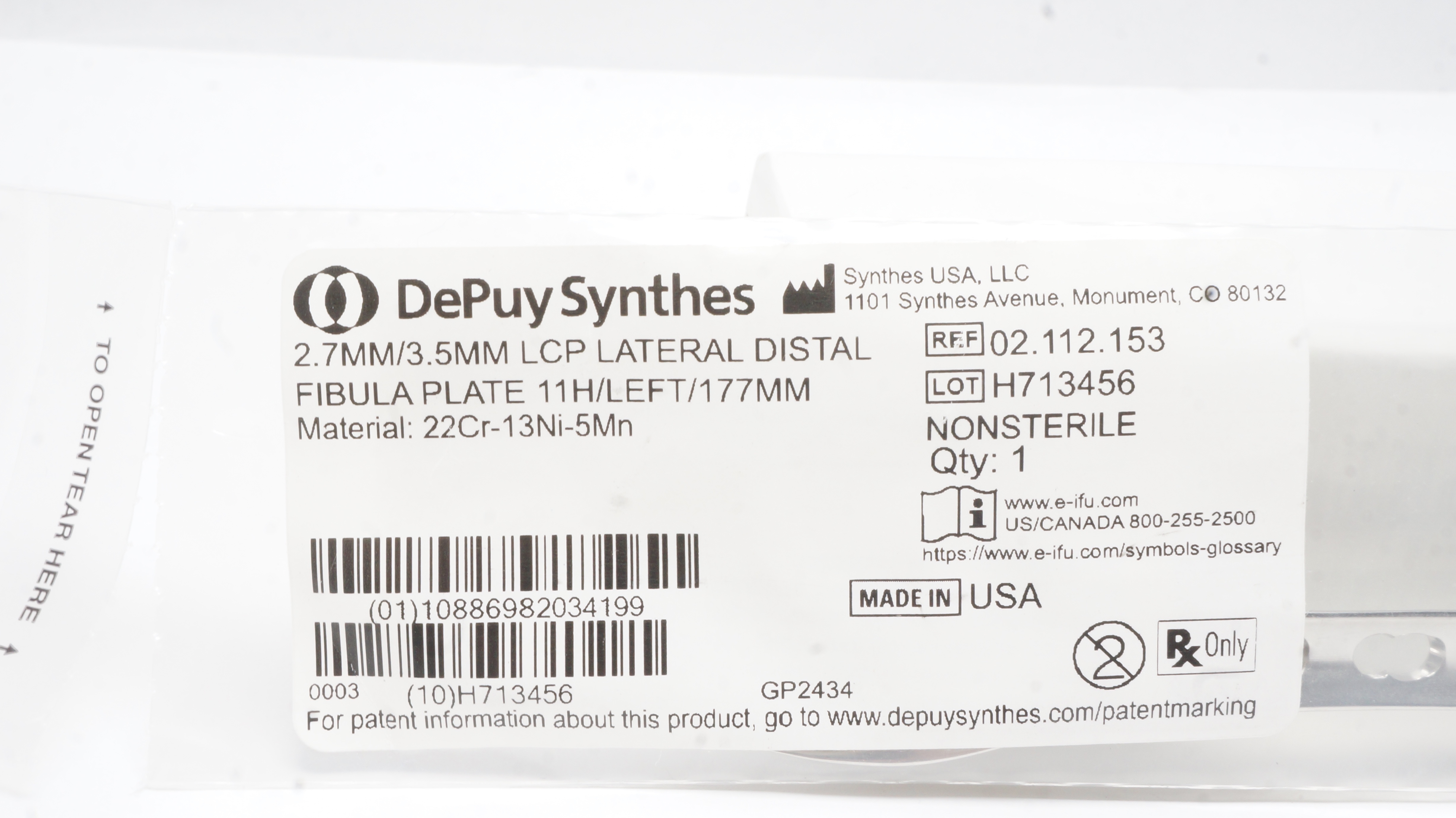 DePuy Synthes 02.112.153 2.7/3.5mm LCP Lateral Distal Fibula Plate 11H