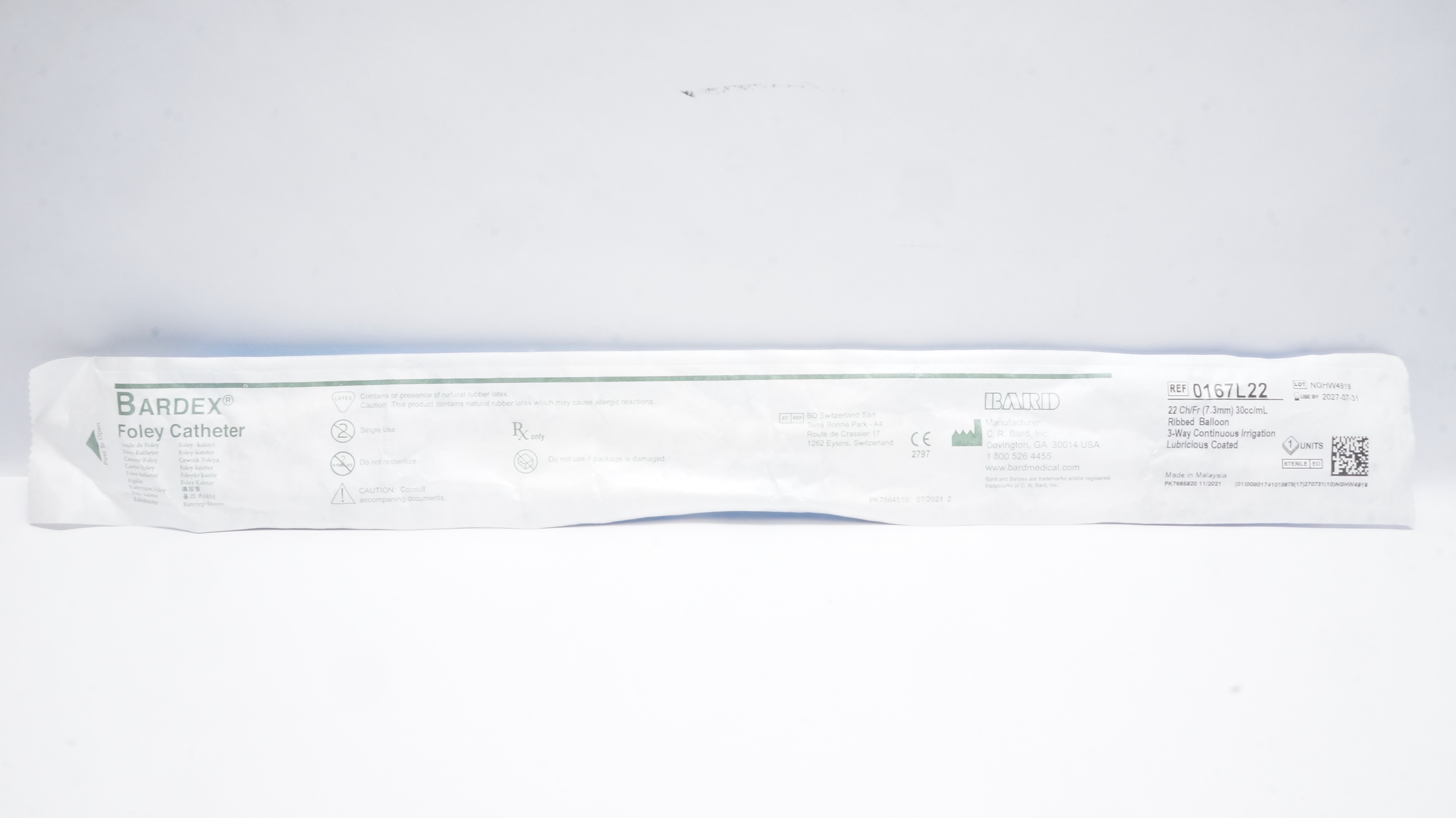Bard 0167L22 Bardex Foley Cath. 22Fr 30cc/mL Ribbed Balloon, 3-Way Irrigation
