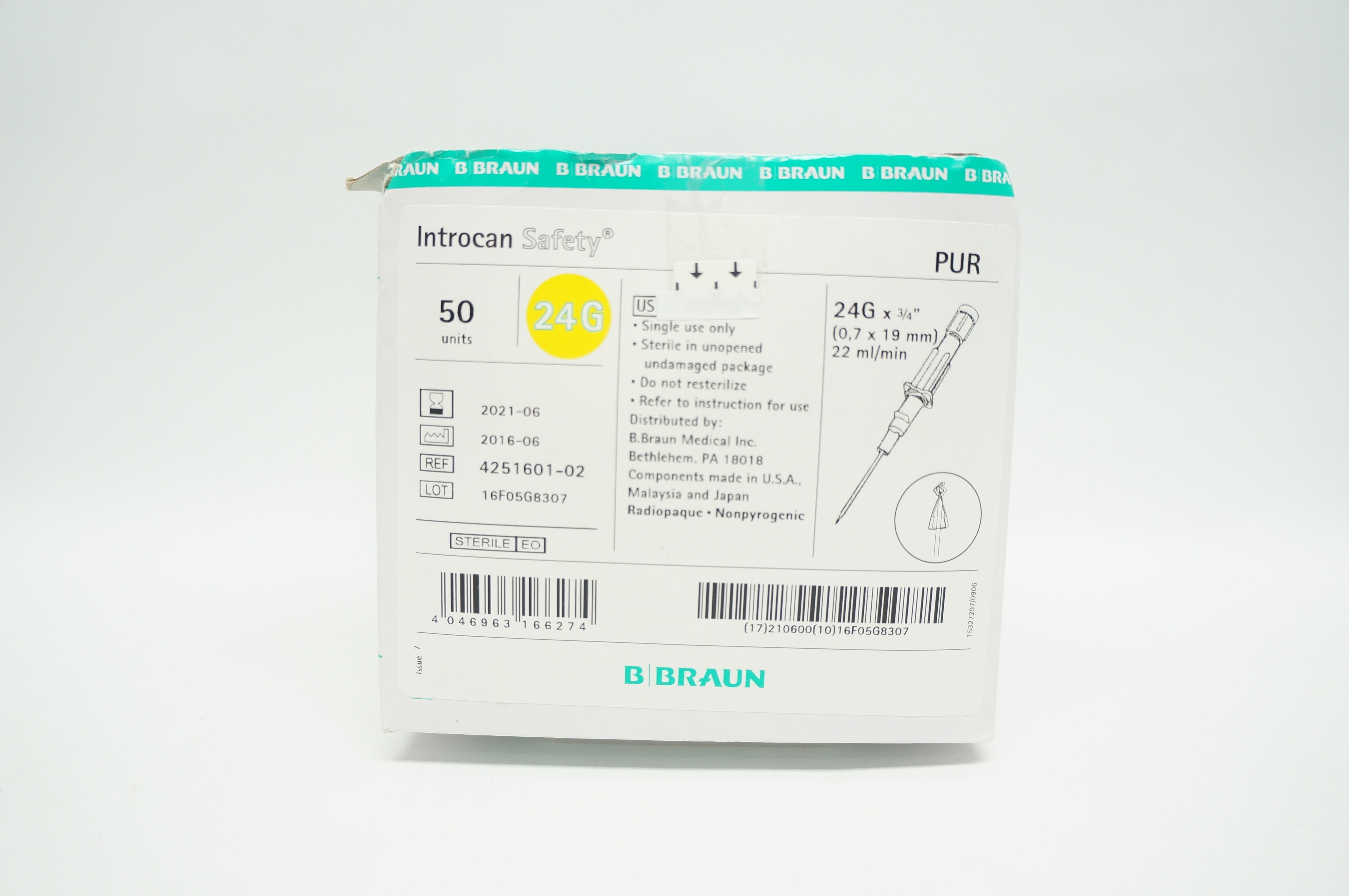 Braun 4251601-02 Introcan Safety IV Caths. PUR 24 x 3/4 inch, 22ml - Box of 50