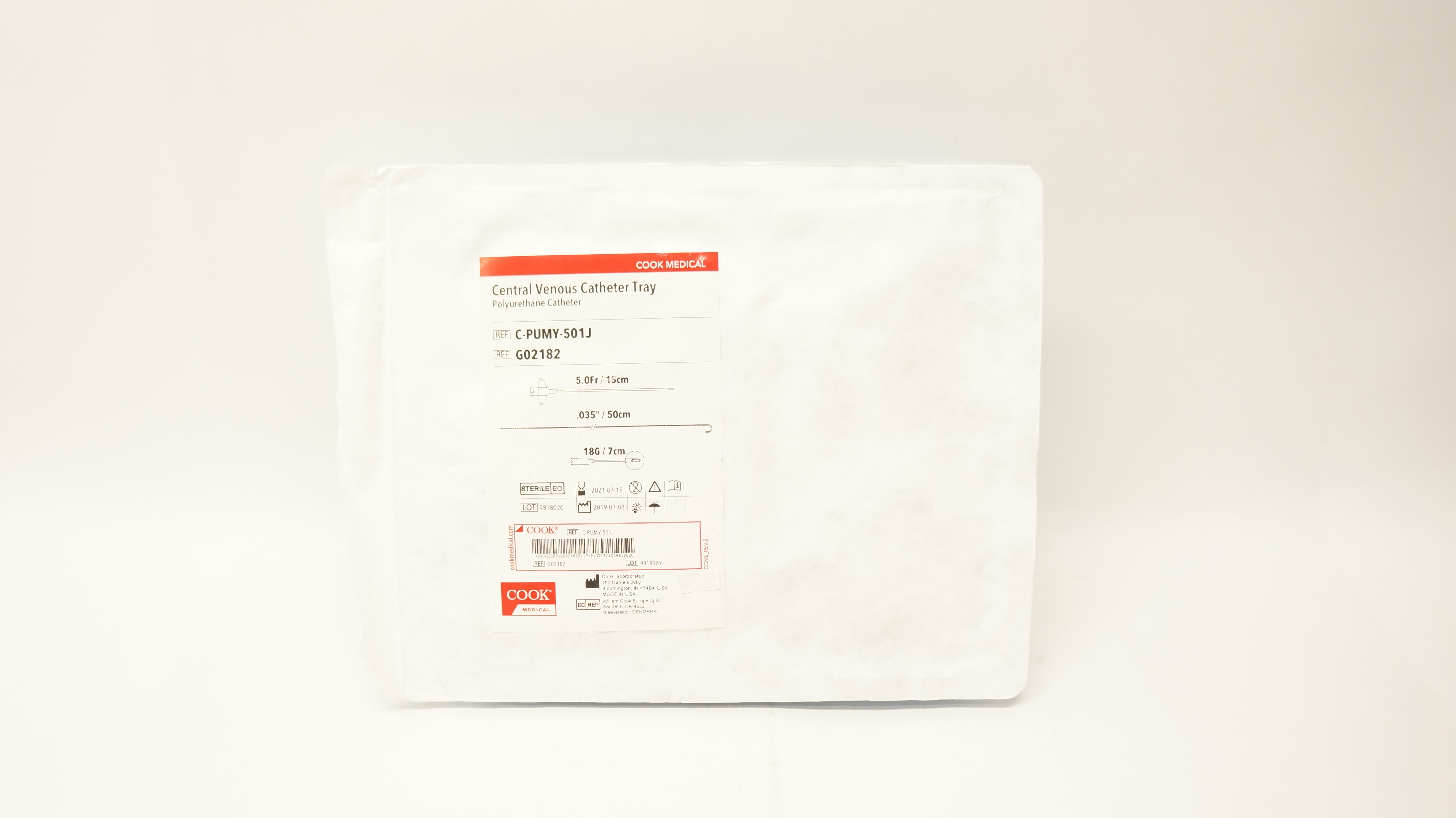 Cook Medical G02182 Central Venous Cath. Tray 5.0Fr x .035inch x 18G (x)