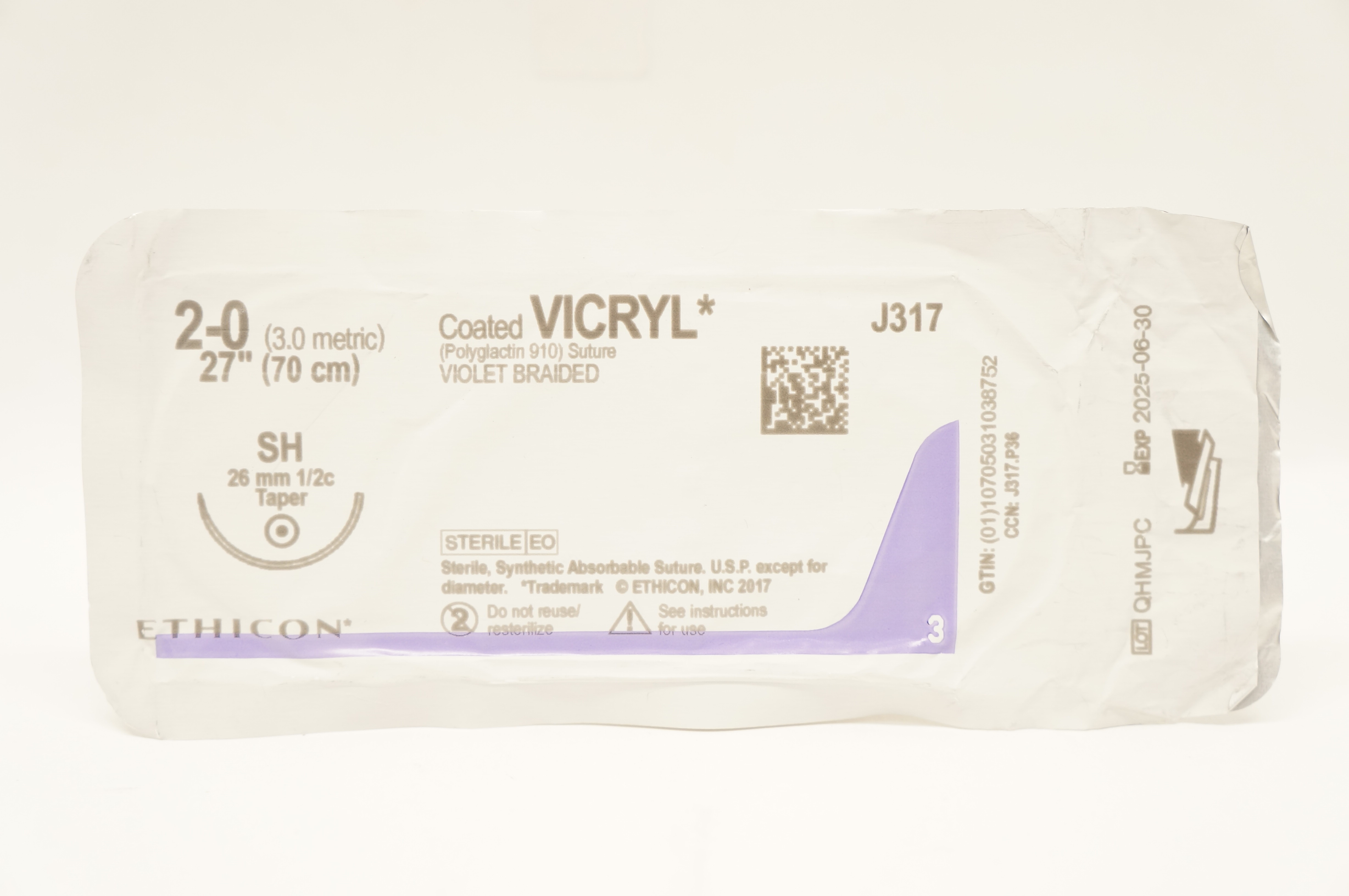 Ethicon J317 2-0 Coated VICRYL, SH 26mm 1/2c Taper, 27inch