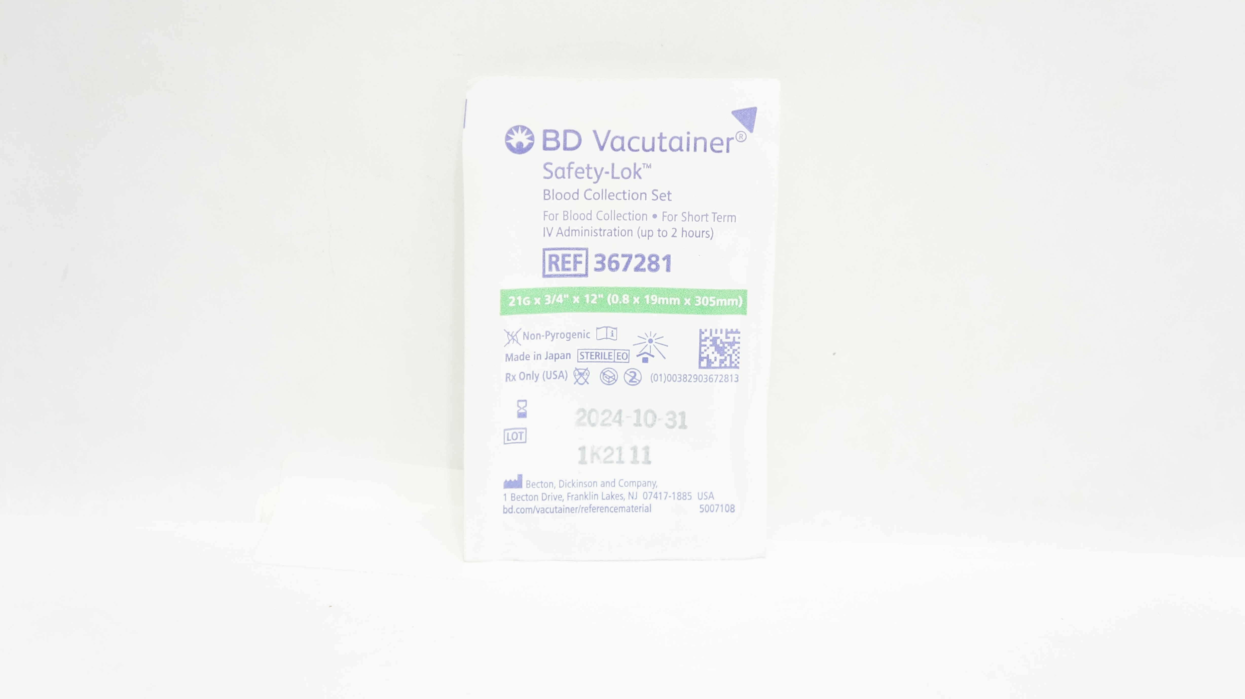 BD 367281 Safety-Lok Blood Collection Set 21G x 3/4inch x 12inch