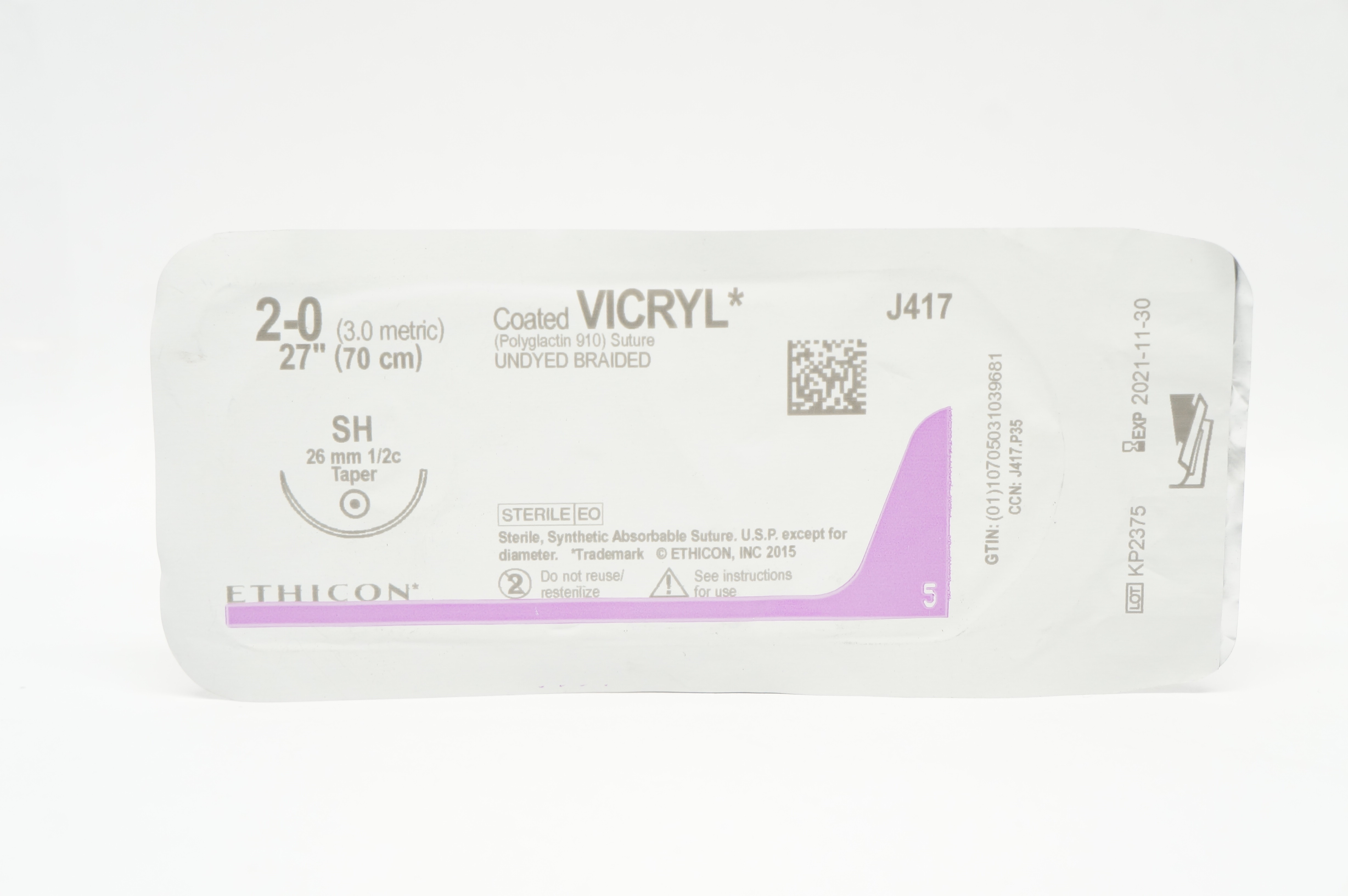 Ethicon J417 2-0 Coated VICRYL SH 26mm 1/2c Taper 27inch (x)
